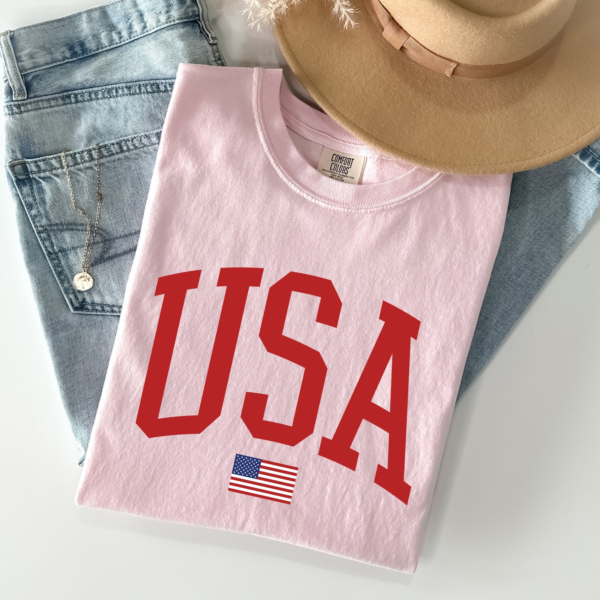 USA Flag Patriotic American Pride Print Emblem With Bold Stars And Stripes Across The Banner Comfort Colors Tee