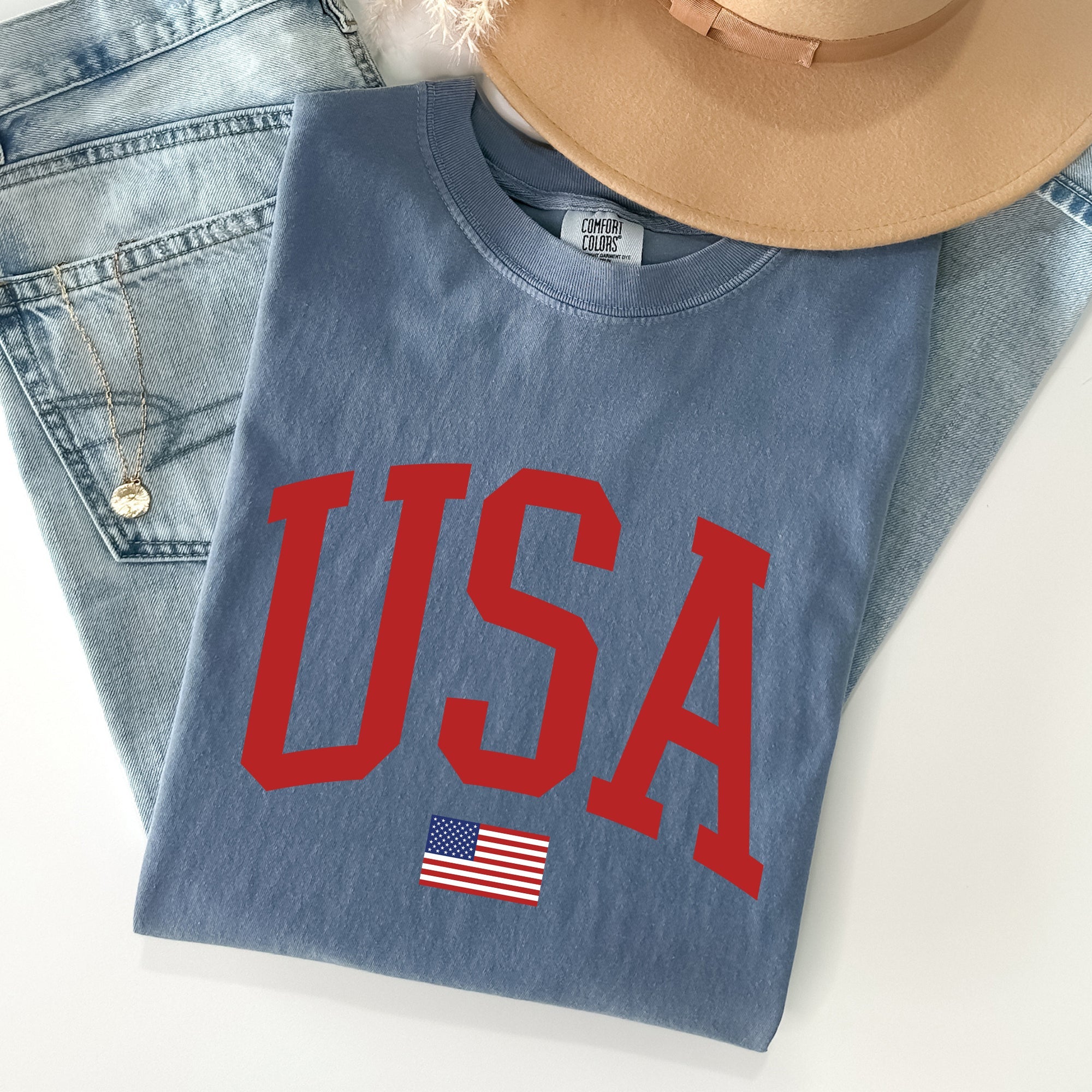 USA Flag Patriotic American Pride Print Emblem With Bold Stars And Stripes Across The Banner Comfort Colors Tee