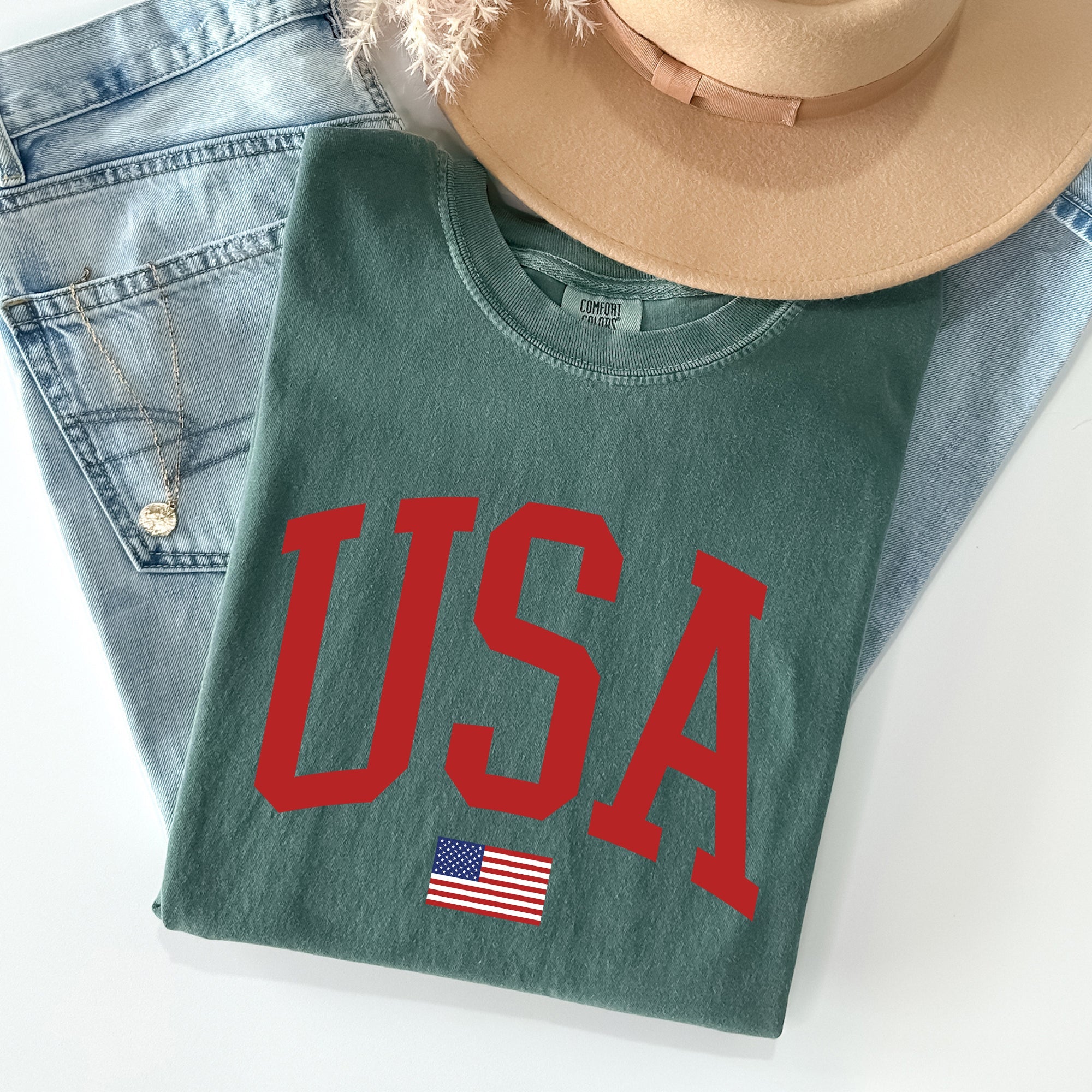 USA Flag Patriotic American Pride Print Emblem With Bold Stars And Stripes Across The Banner Comfort Colors Tee