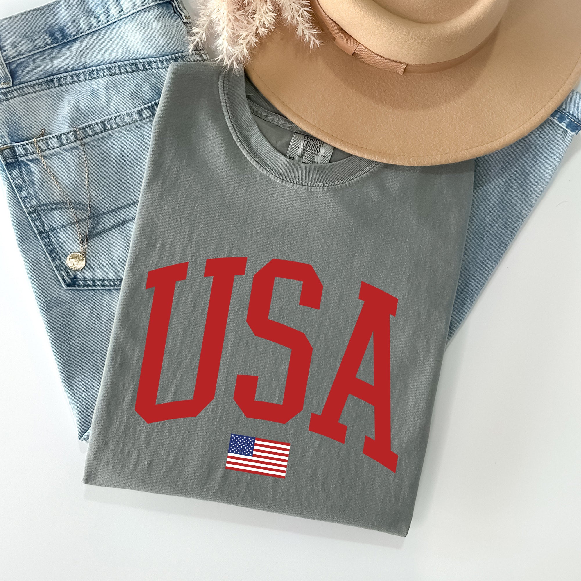 USA Flag Patriotic American Pride Print Emblem With Bold Stars And Stripes Across The Banner Comfort Colors Tee