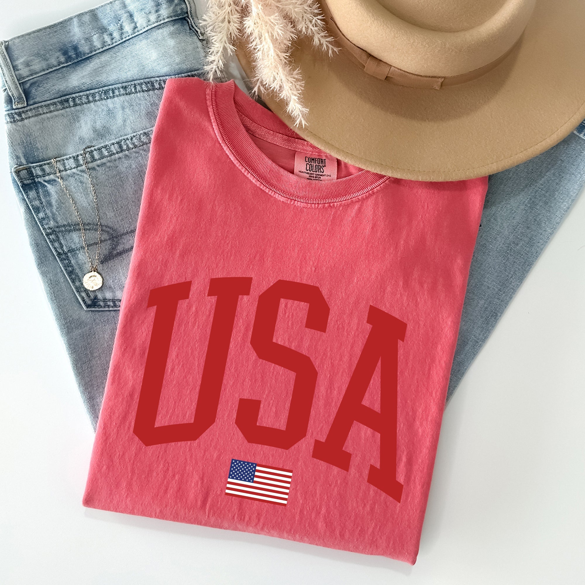 USA Flag Patriotic American Pride Print Emblem With Bold Stars And Stripes Across The Banner Comfort Colors Tee
