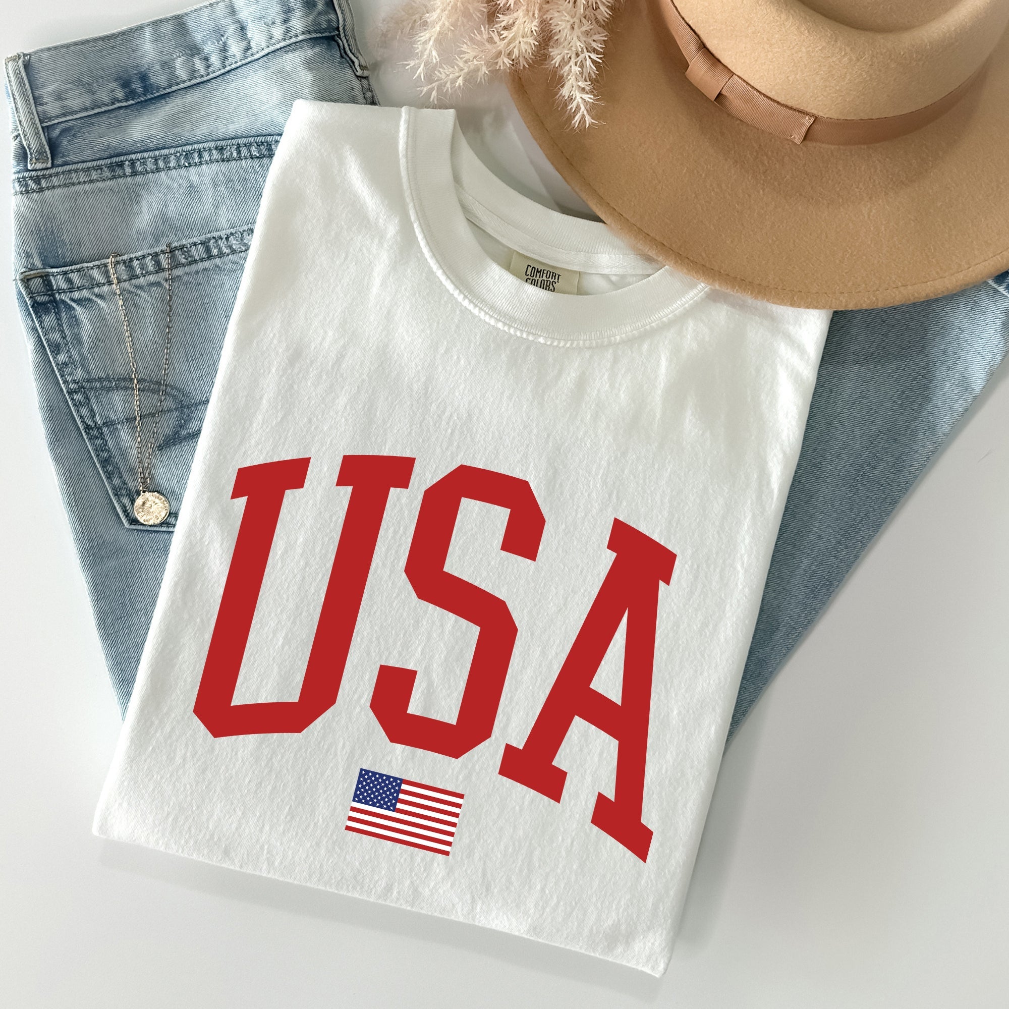 USA Flag Patriotic American Pride Print Emblem With Bold Stars And Stripes Across The Banner Comfort Colors Tee