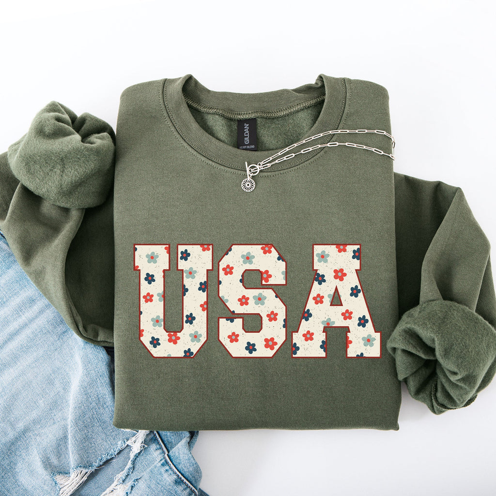 USA Flowers Minimalist Patriotic America 4th of July Independence Day Sweatshirt