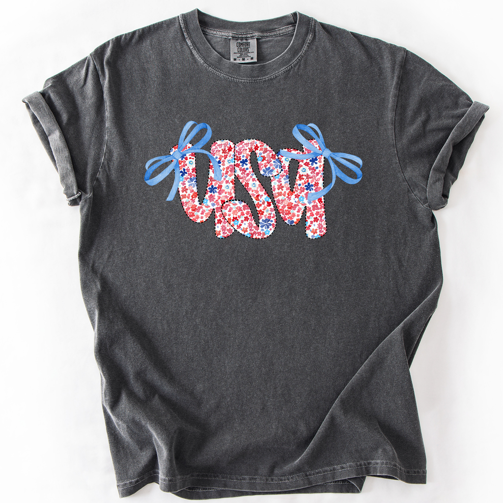 USA Ribbons Coquette Fourth Of July America Patriotic Pride Celebration Comfort Colors Tee