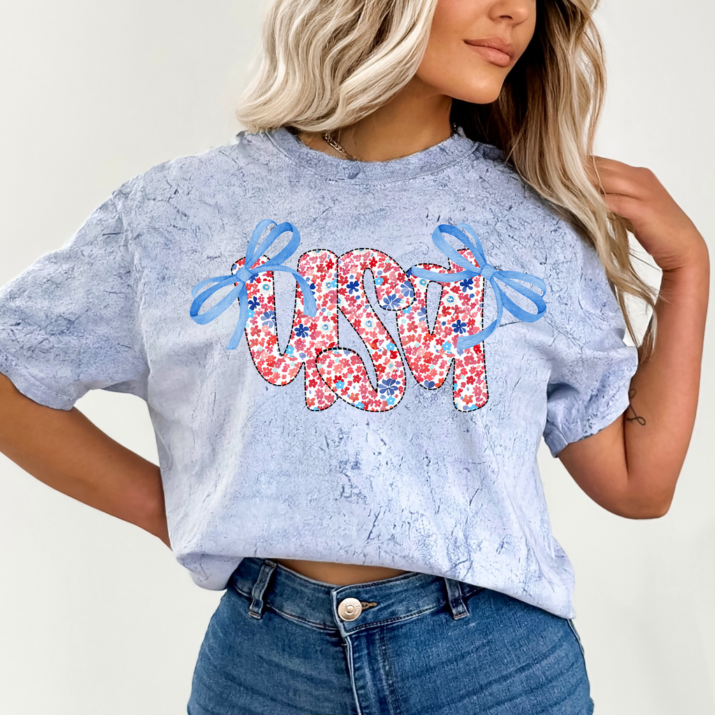USA Ribbons Coquette Fourth of July America Patriotic Color Blast Comfort Colors Tee