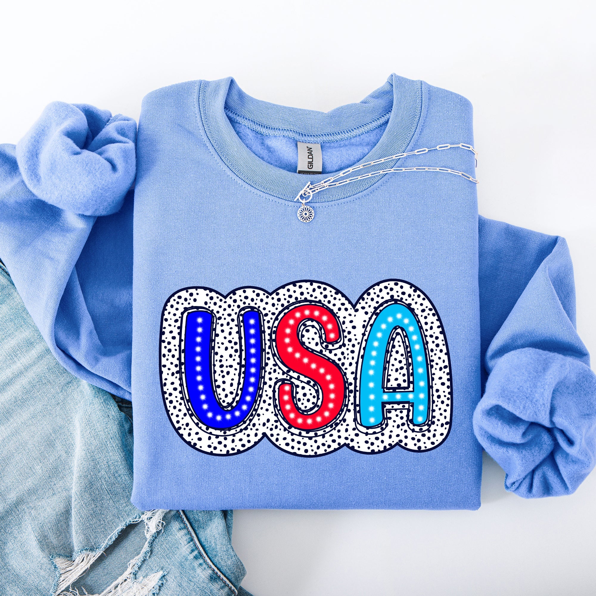 USA Dalmatian Print Patriotic Red White Blue 4th of July Celebration American Sweatshirt