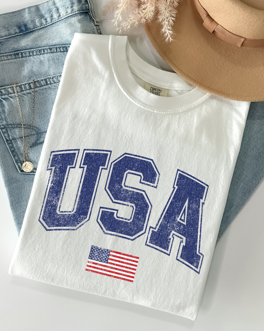 USA Flag Collegiate Varsity Patriotic Independence Day Fourth Of July America Olympics Comfort Colors Tee