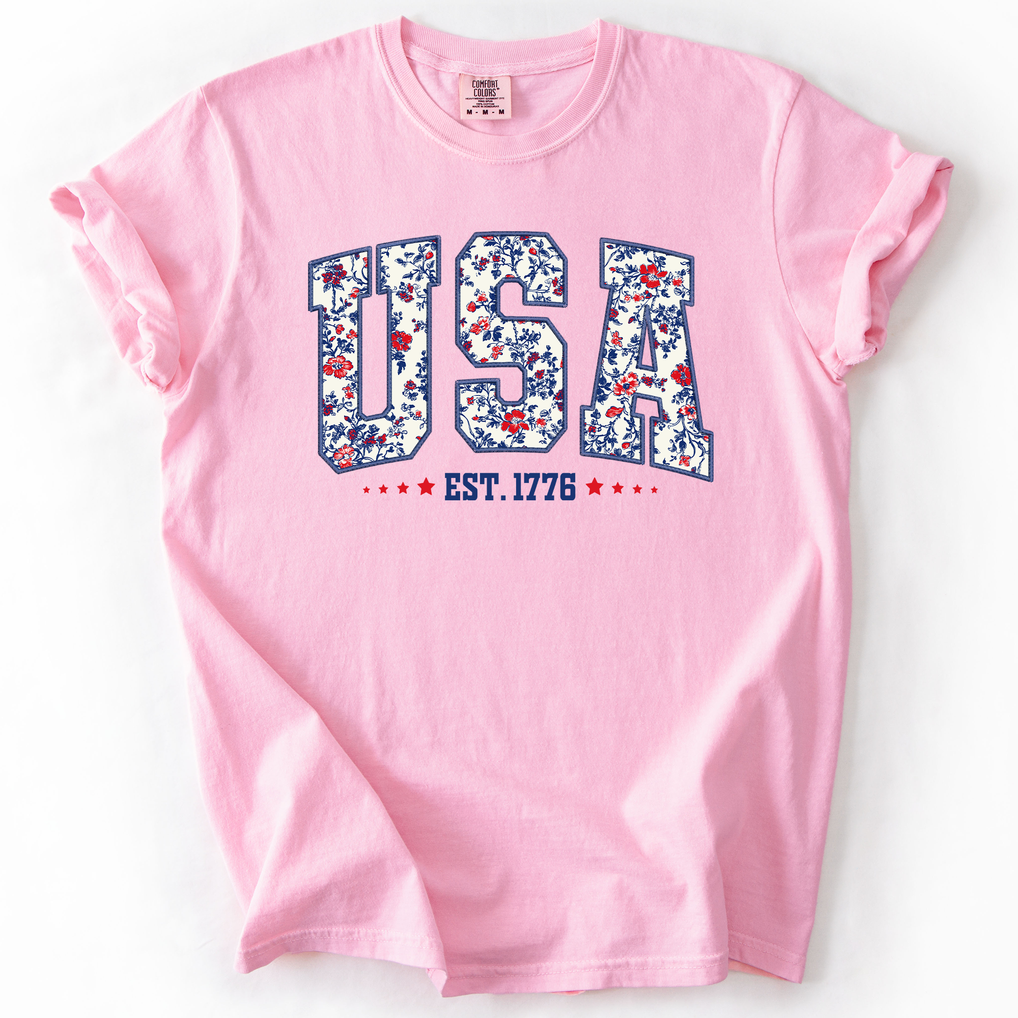 USA Floral Pattern Est 1776 Patriotic America Flag Inspired Edition Comfort Colors Tee