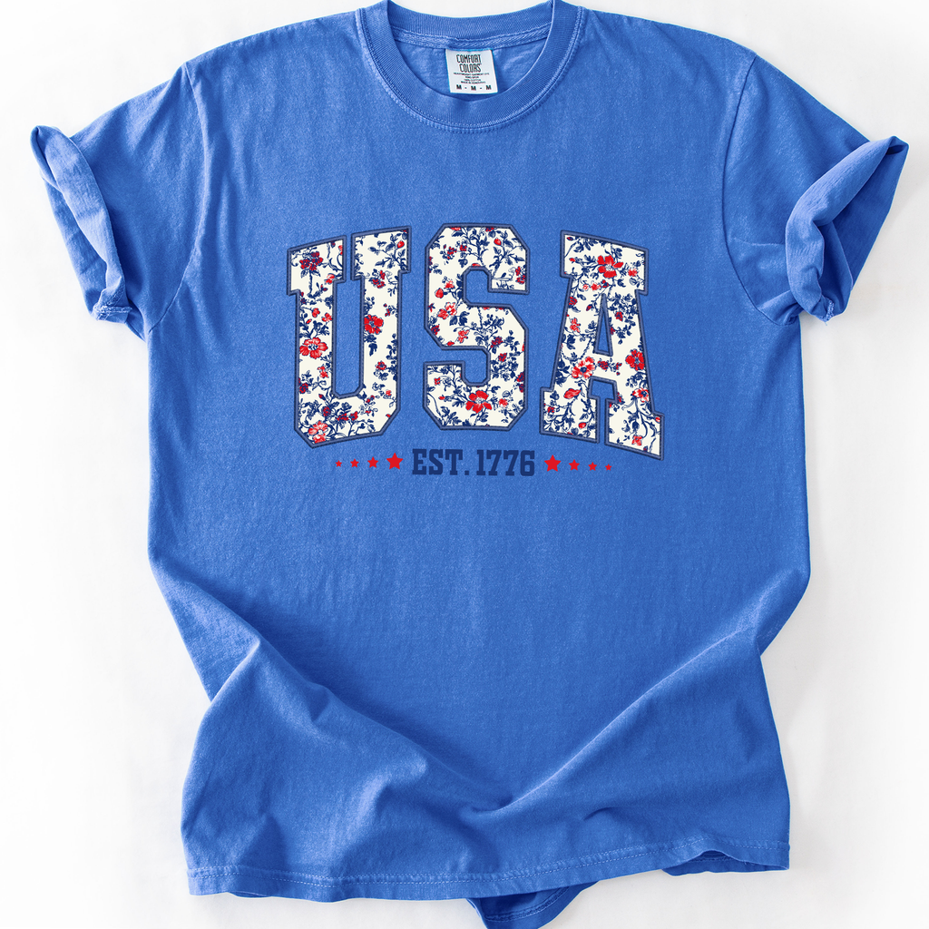 USA Floral Pattern Est 1776 Patriotic America Flag Inspired Edition Comfort Colors Tee