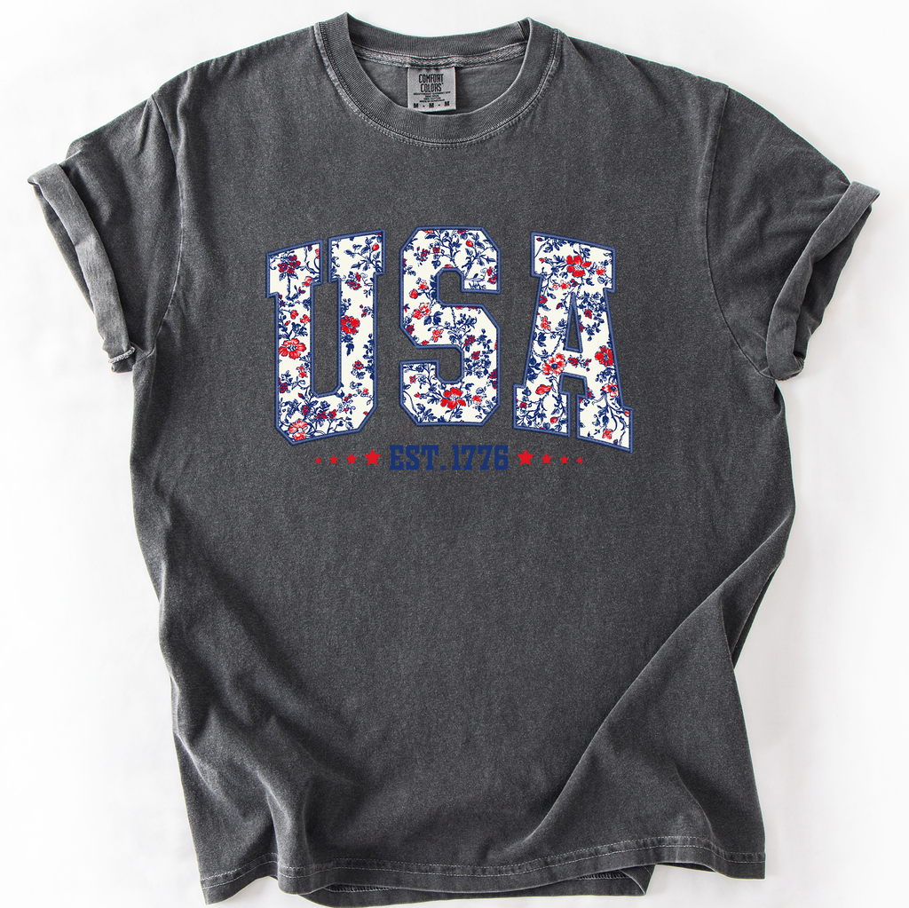USA Floral Pattern Est 1776 Patriotic America Flag Inspired Edition Comfort Colors Tee