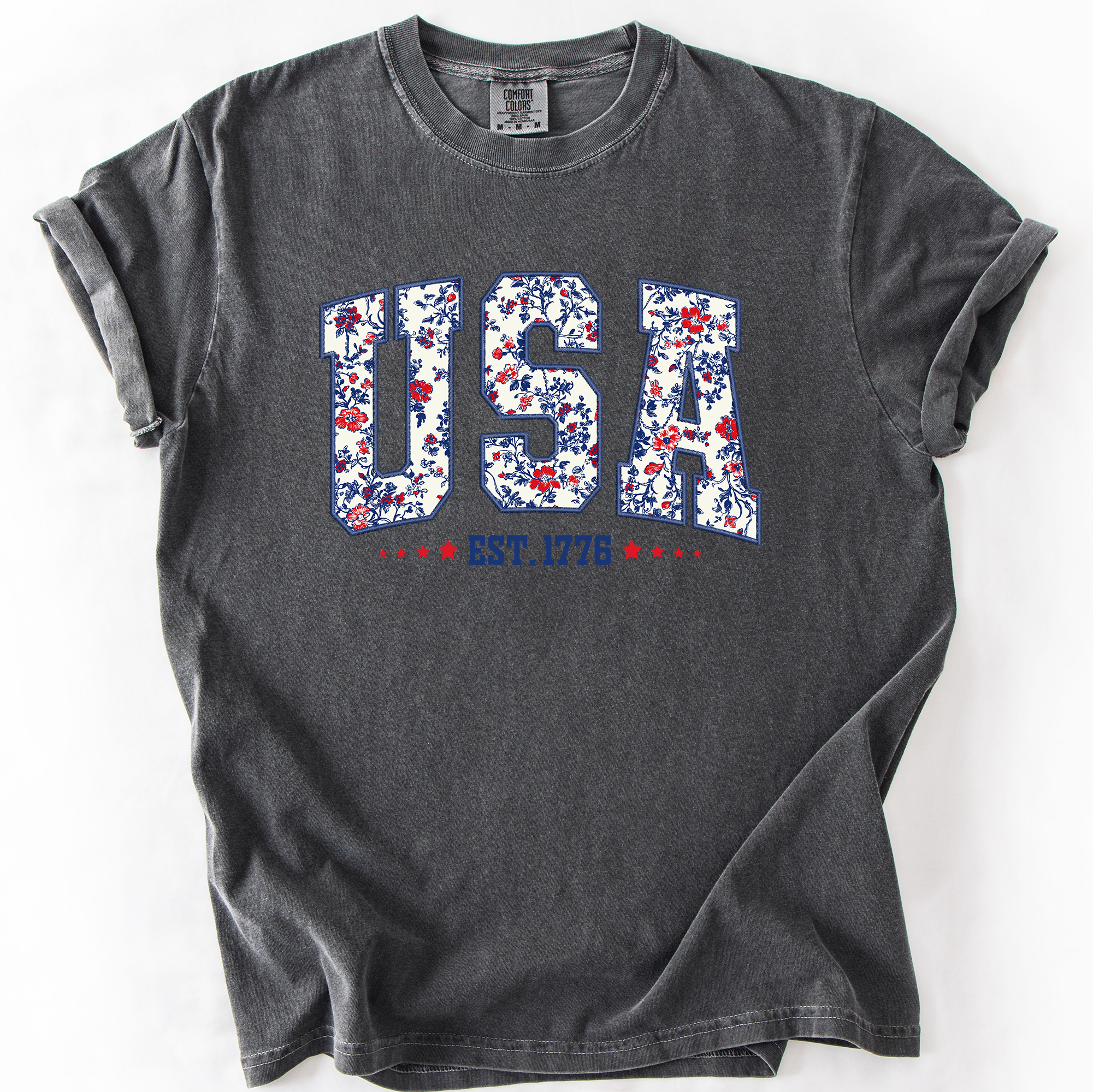USA Floral Pattern Est 1776 Patriotic America Flag Inspired Edition Comfort Colors Tee