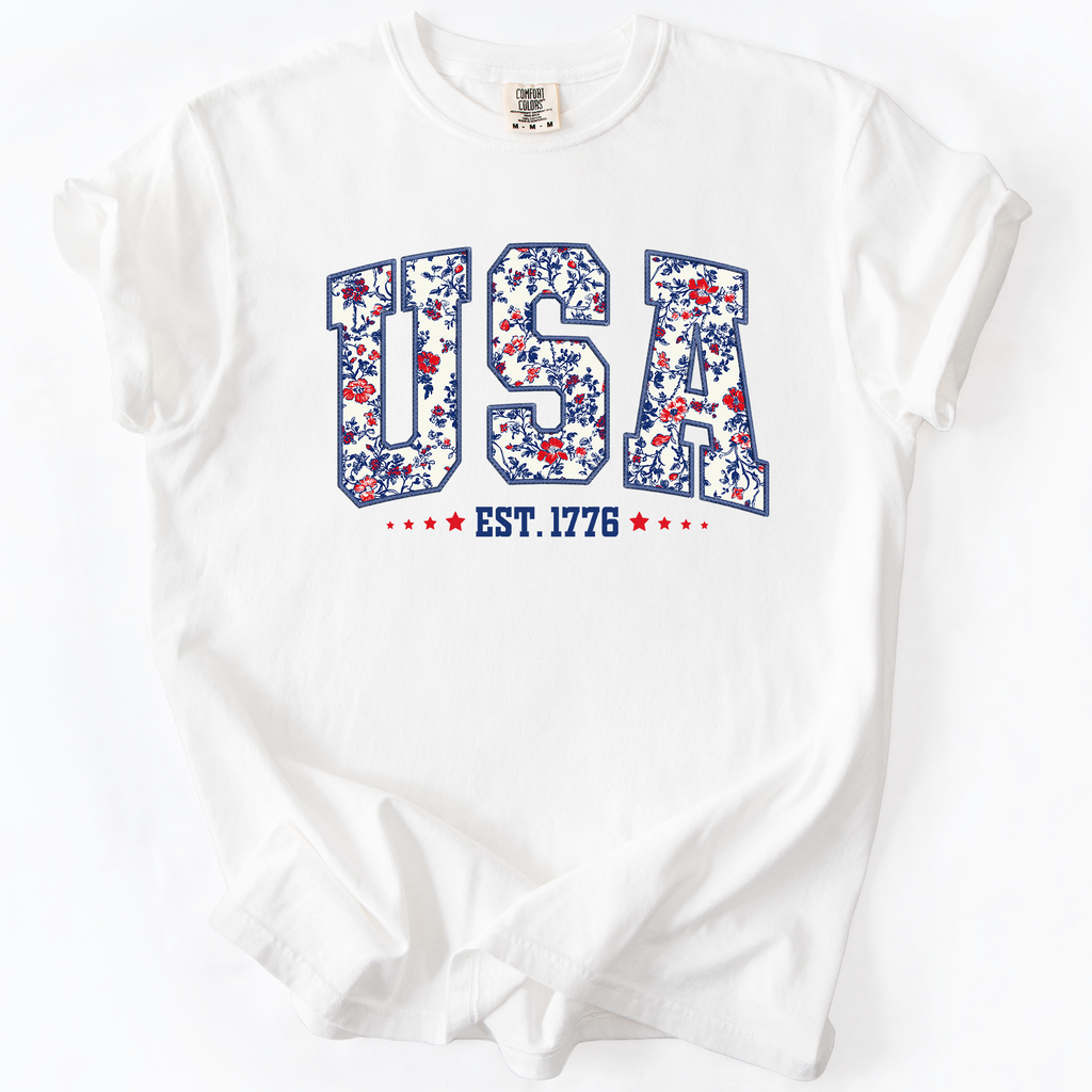 USA Floral Pattern Est 1776 Patriotic America Flag Inspired Edition Comfort Colors Tee