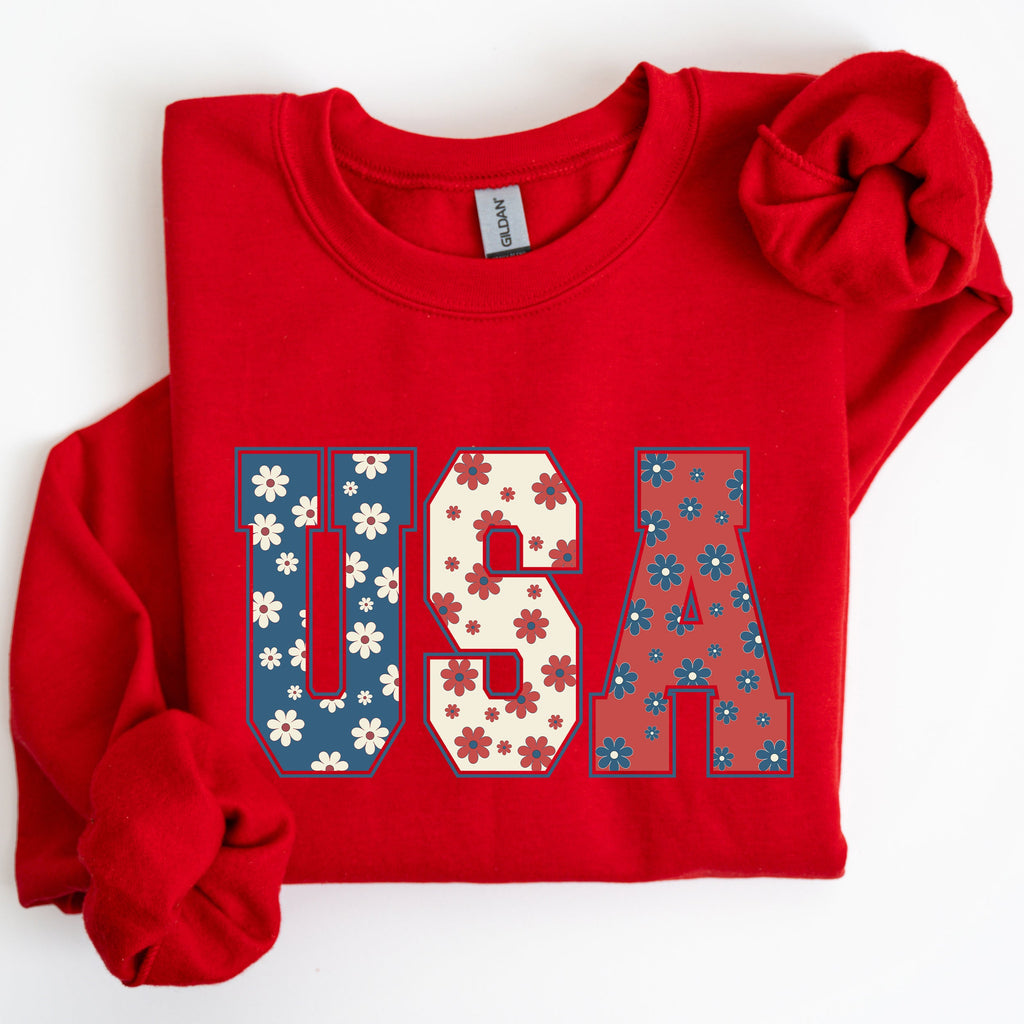 USA Floral Print Patriotic Flag and Stars Design Celebrating American Pride for Everyday Wear Sweatshirt