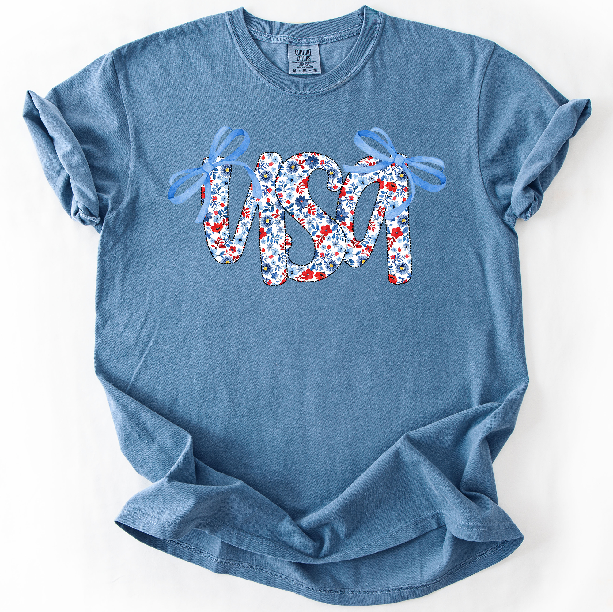 USA Patriotic Floral Patterns With Ribbons For Fourth Of July And American Pride Comfort Colors Tee