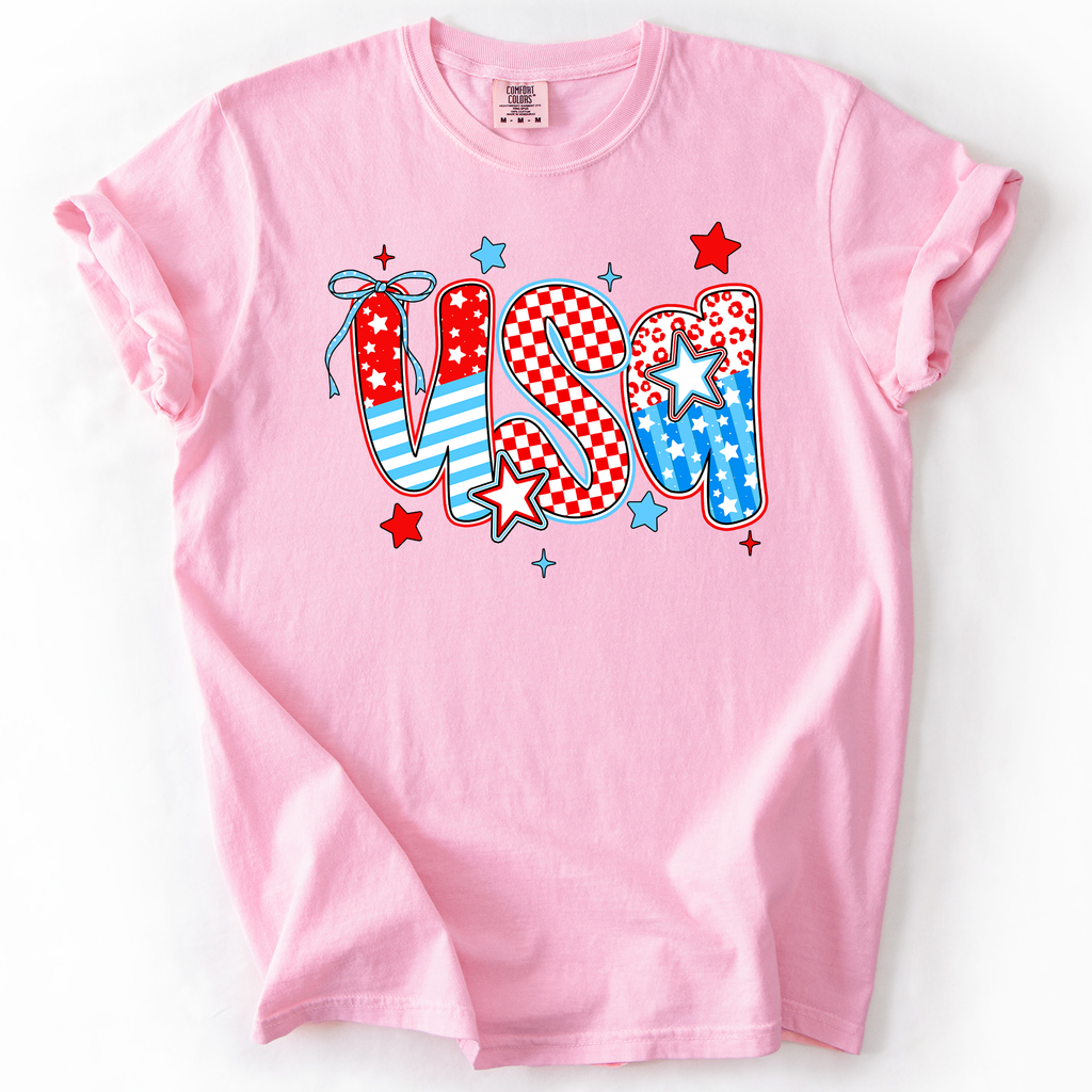 USA Patriotic Patterns Bow Fourth Of July America Design Edition Comfort Colors Tee