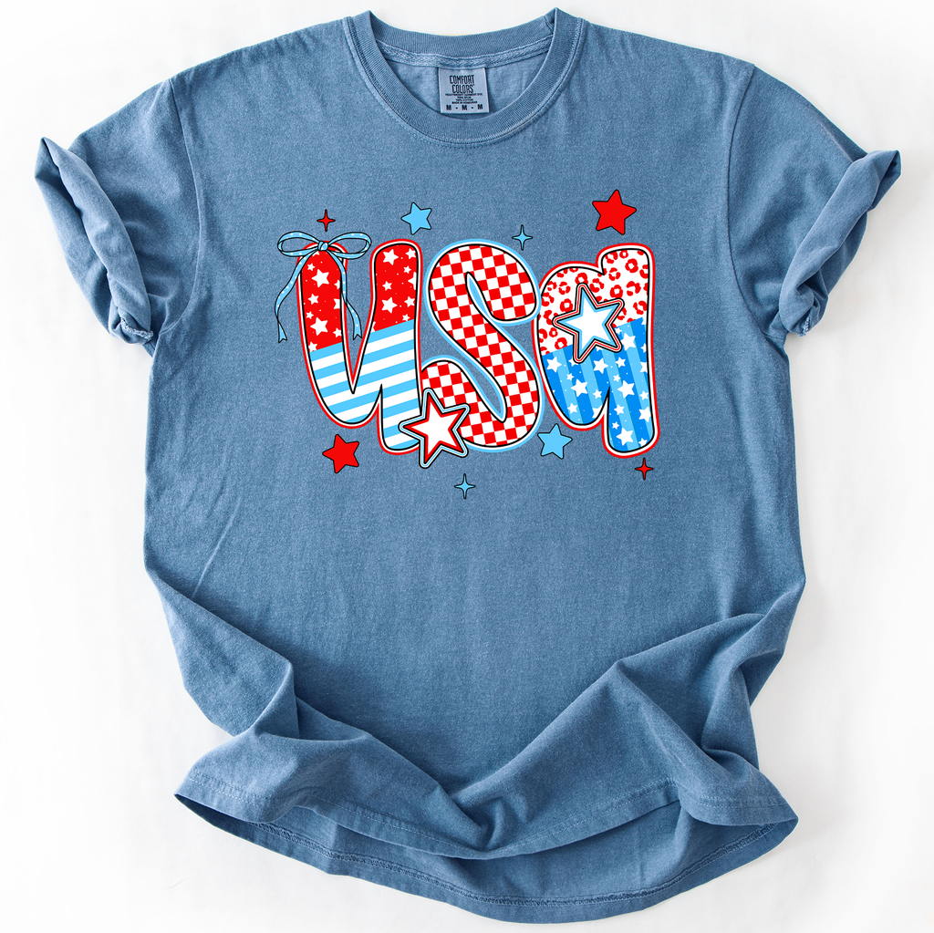USA Patriotic Patterns Bow Fourth Of July America Design Edition Comfort Colors Tee