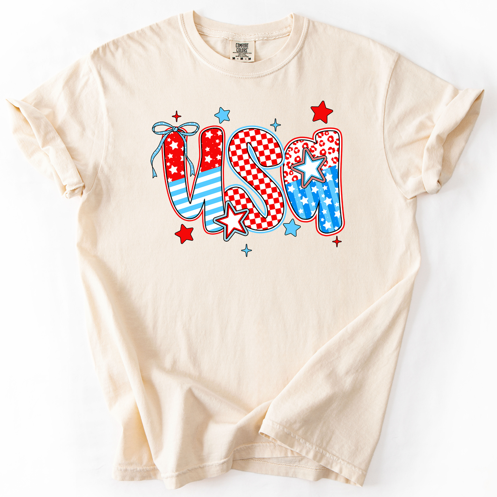 USA Patriotic Patterns Bow Fourth Of July America Design Edition Comfort Colors Tee