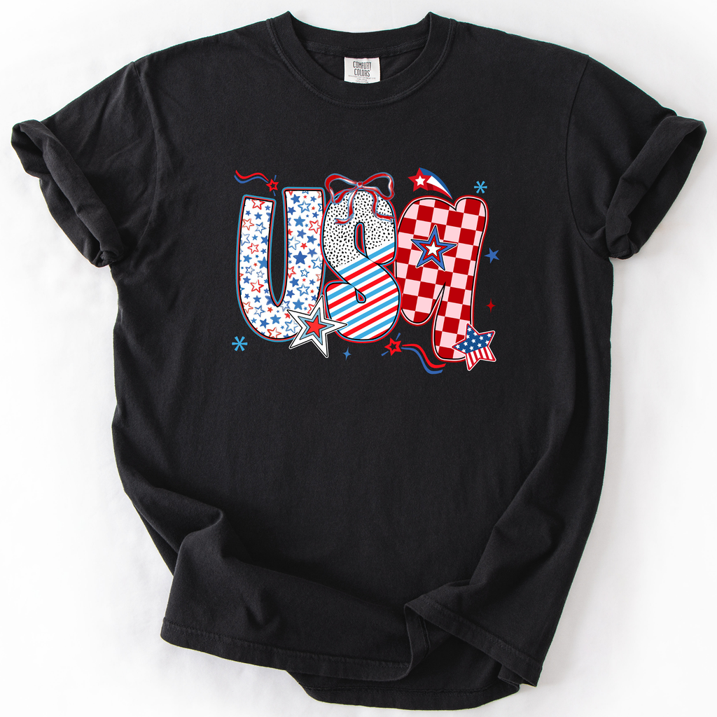 USA Patriotic Patterns With Ribbons Fourth of July America Theme Comfort Colors Tee
