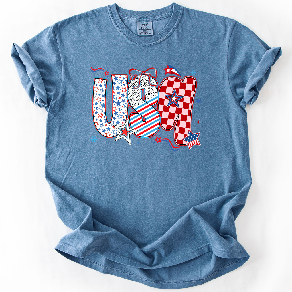 USA Patriotic Patterns With Ribbons Fourth of July America Theme Comfort Colors Tee