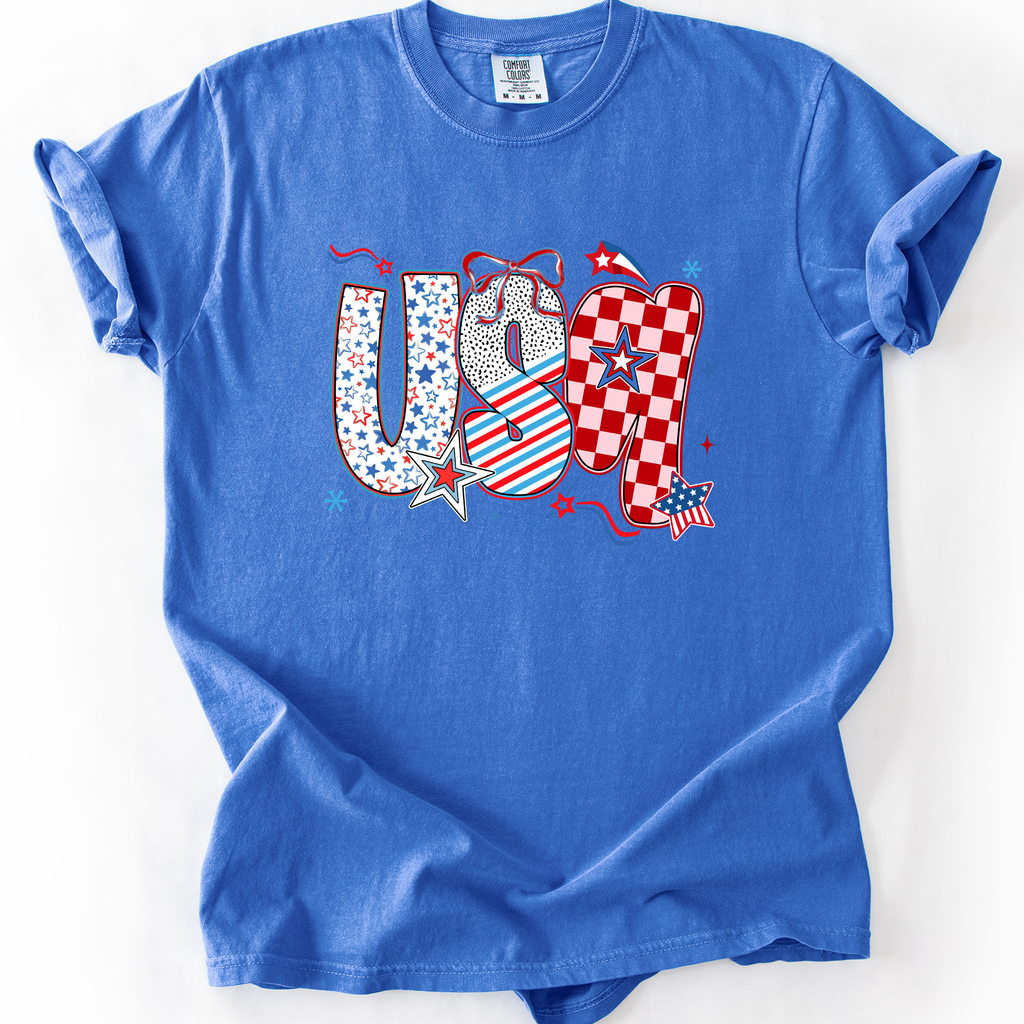 USA Patriotic Patterns With Ribbons Fourth of July America Theme Comfort Colors Tee