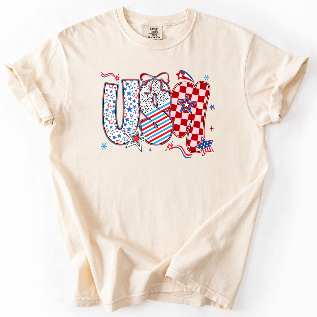 USA Patriotic Patterns With Ribbons Fourth of July America Theme Comfort Colors Tee