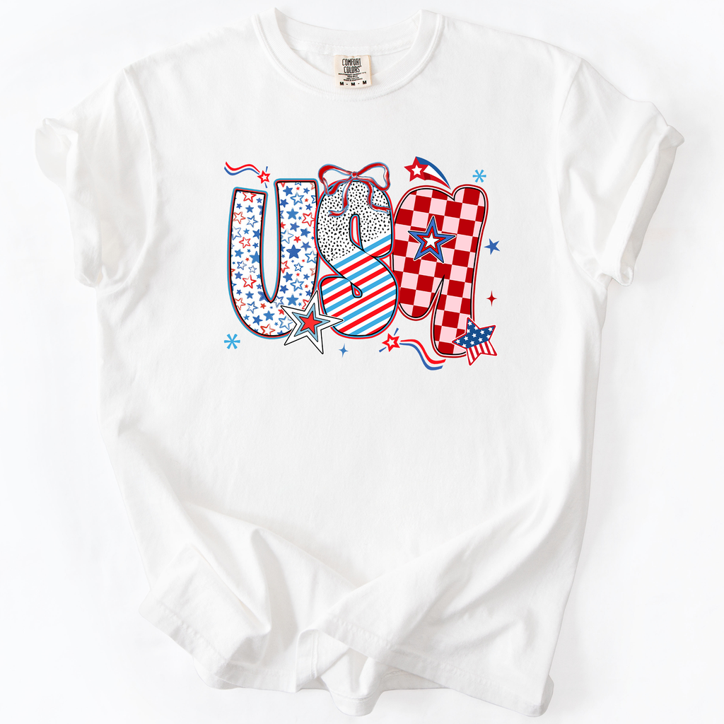 USA Patriotic Patterns With Ribbons Fourth of July America Theme Comfort Colors Tee