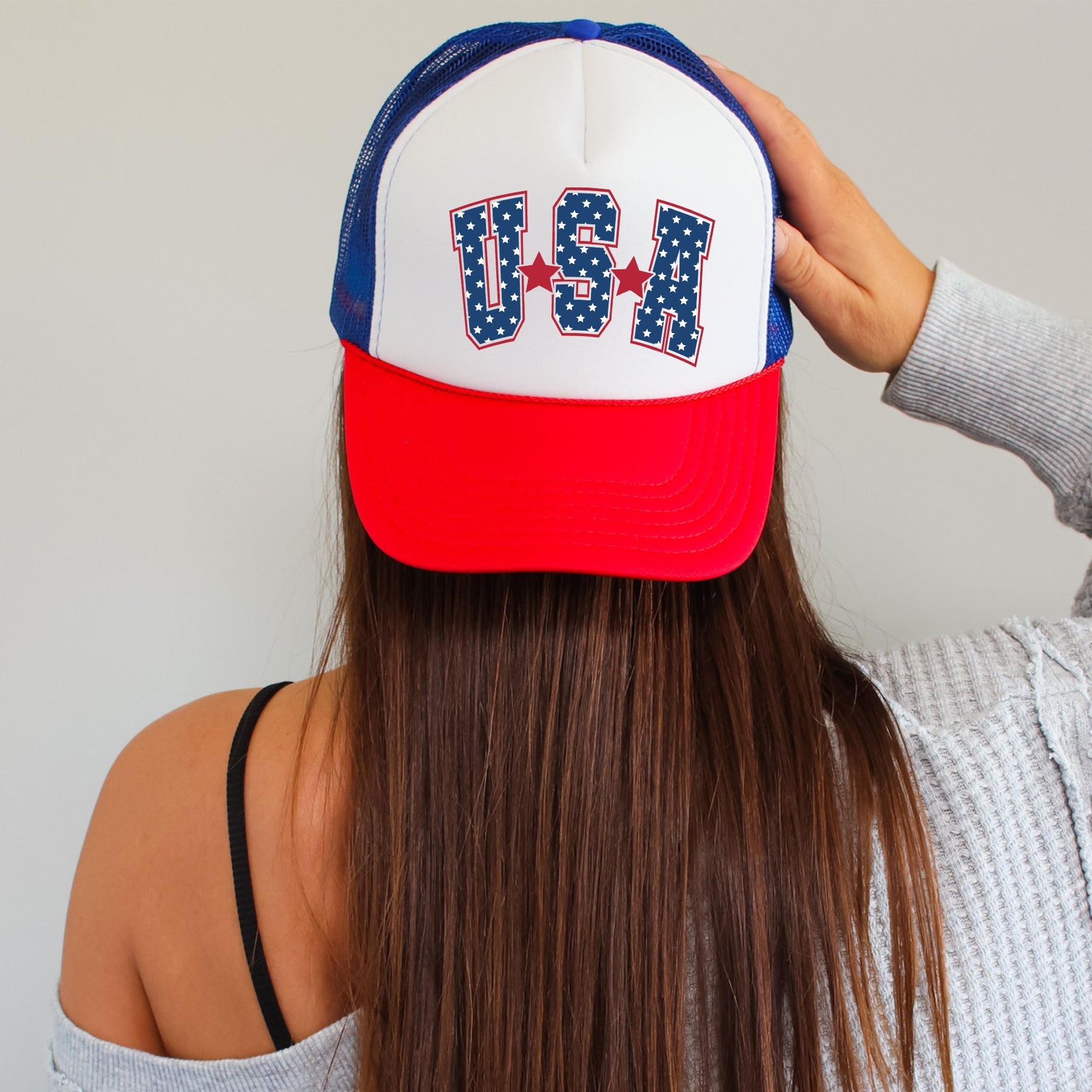 USA Stars Bright Patriotic Emblem Flag Print For American Pride And Freedom Trucker Hat