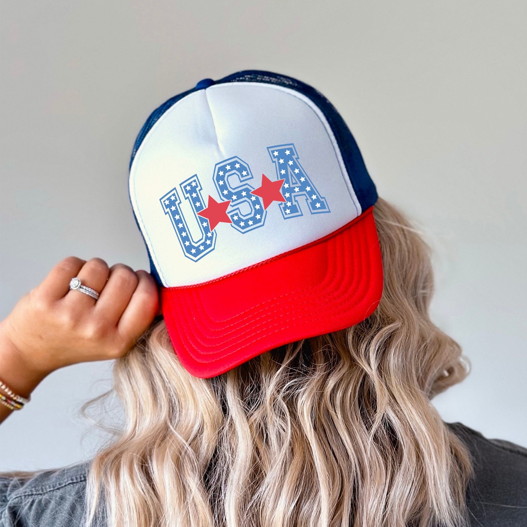 USA Stars Patriotic American Flag Emblem Bold Everyday Wear Trucker Hat With Adjustable Strap