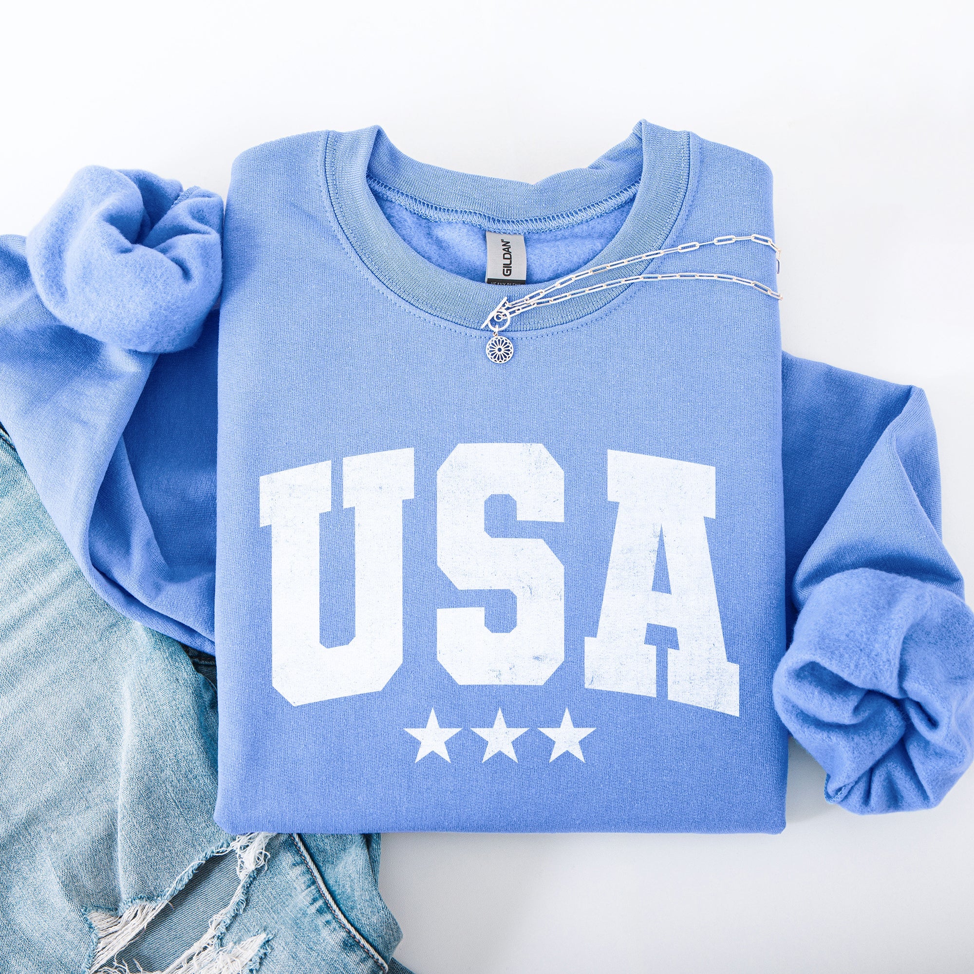 USA Stars Retro Patriotic America 4th of July Red White and Blue Vintage Distressed Sweatshirt
