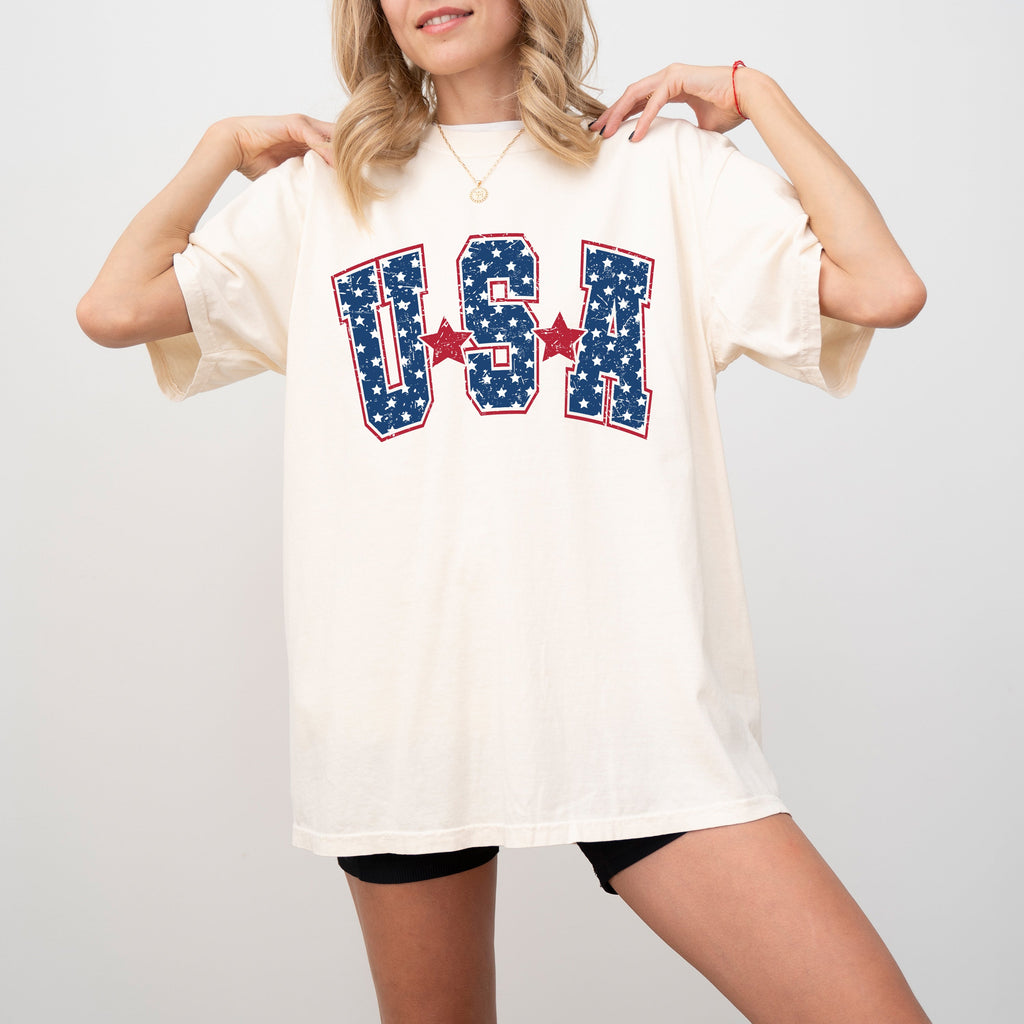 USA Stars Stripes Patriot Retro Varsity Style American Pride Edition Comfort Colors Tee