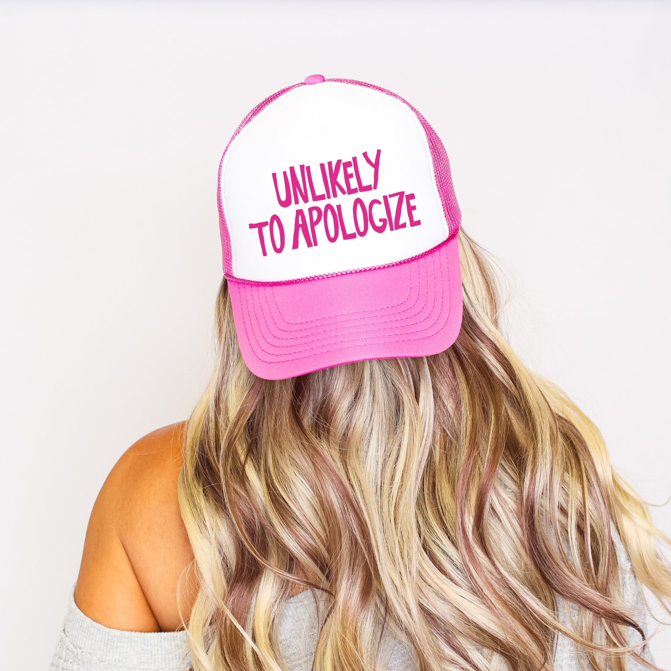 Unlikely To Apologize, Sassy, Bold, Bright Pink Attitude For Standout Everyday Wear Trucker Hat