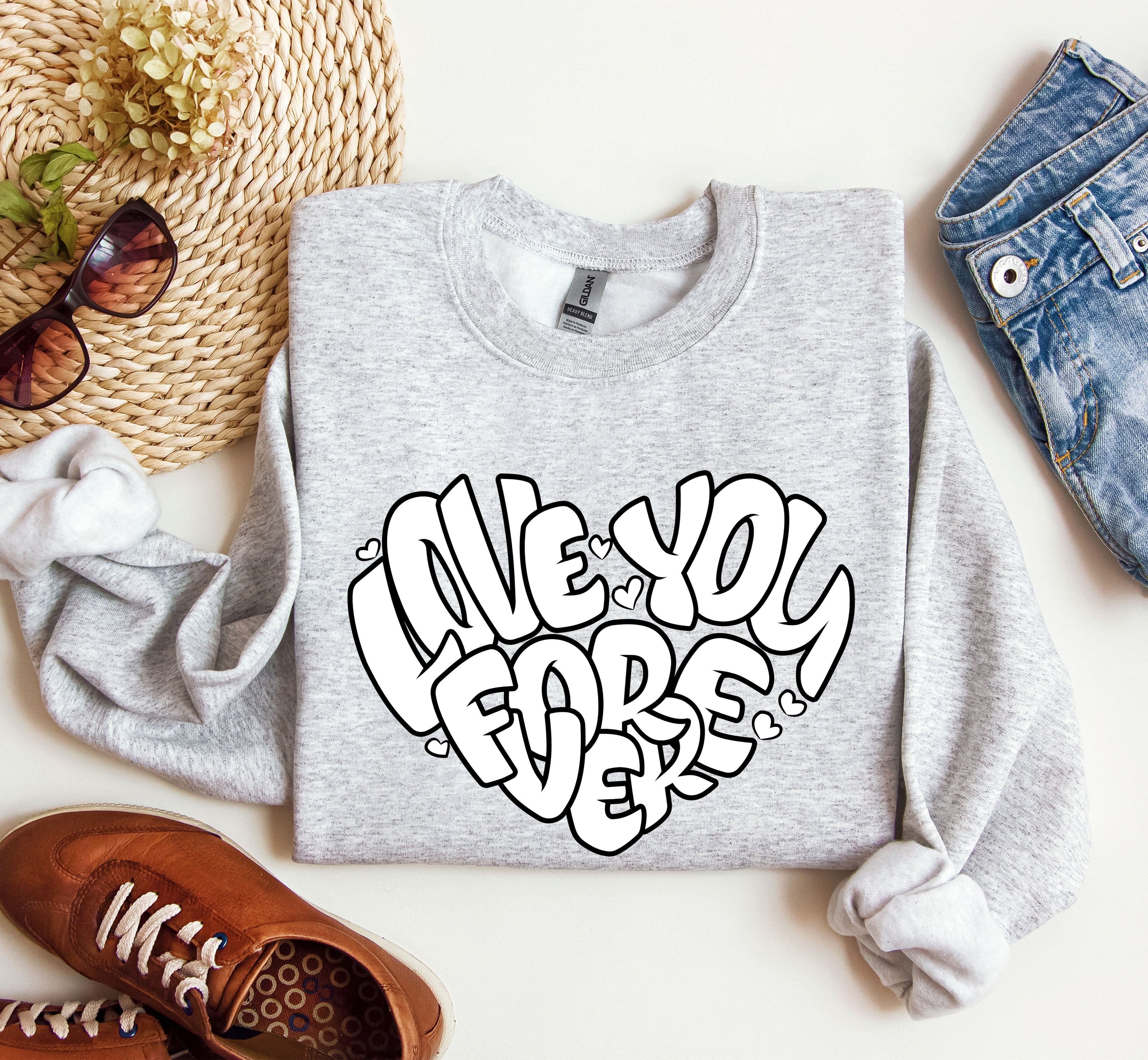 I Love You Forever Retro Valentine's Day Graphic Sweatshirt Vintage Inspired Cozy Fleece Lined Plush Comfort Warmth