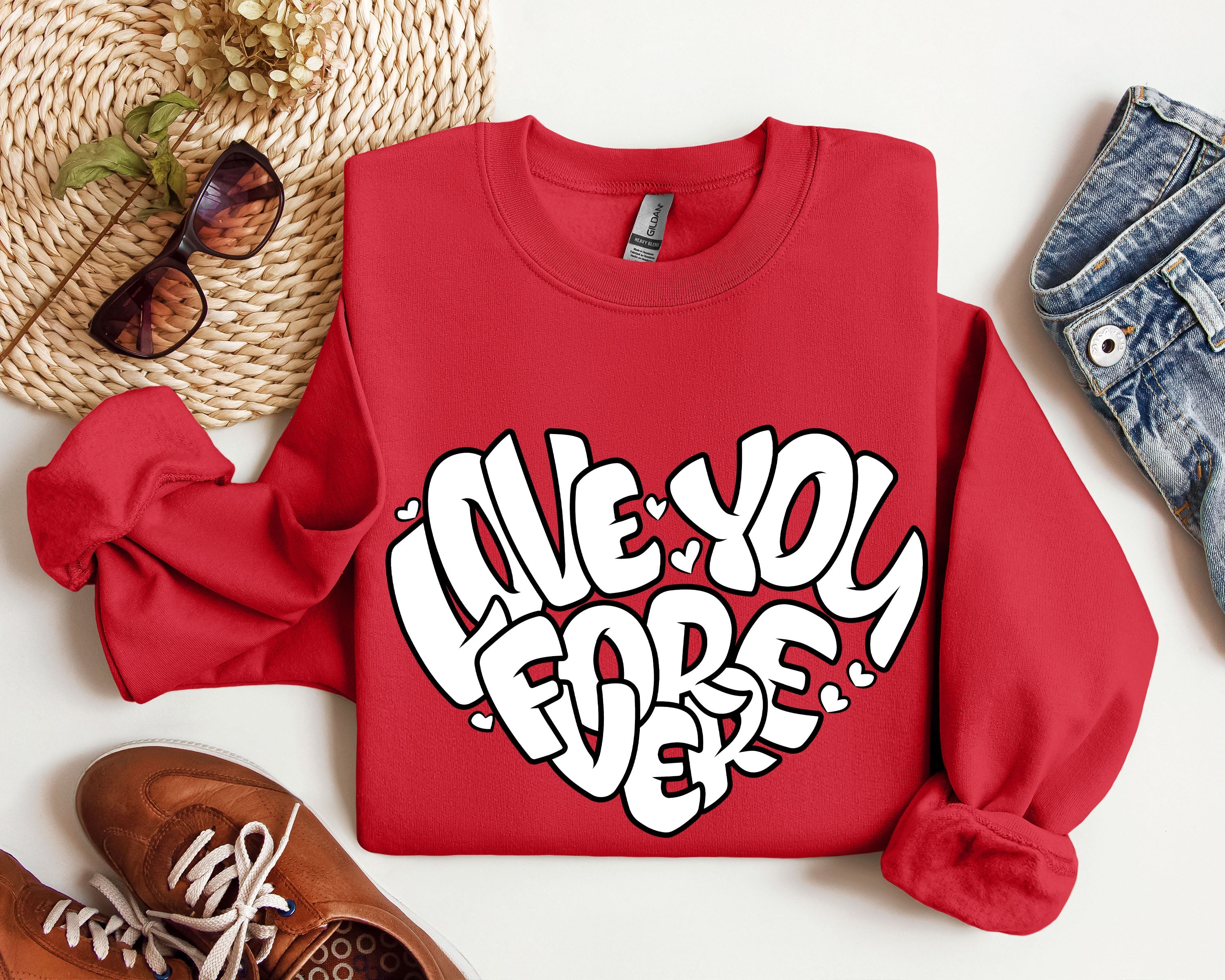 I Love You Forever Retro Valentine's Day Graphic Sweatshirt Vintage Inspired Cozy Fleece Lined Plush Comfort Warmth
