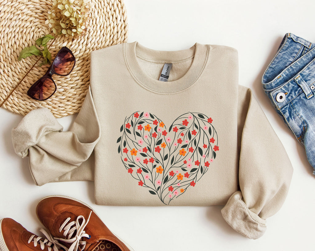 Vintage Wildflowers Heart Floral Romance Valentine's Day Love Garden Scene Sweatshirt
