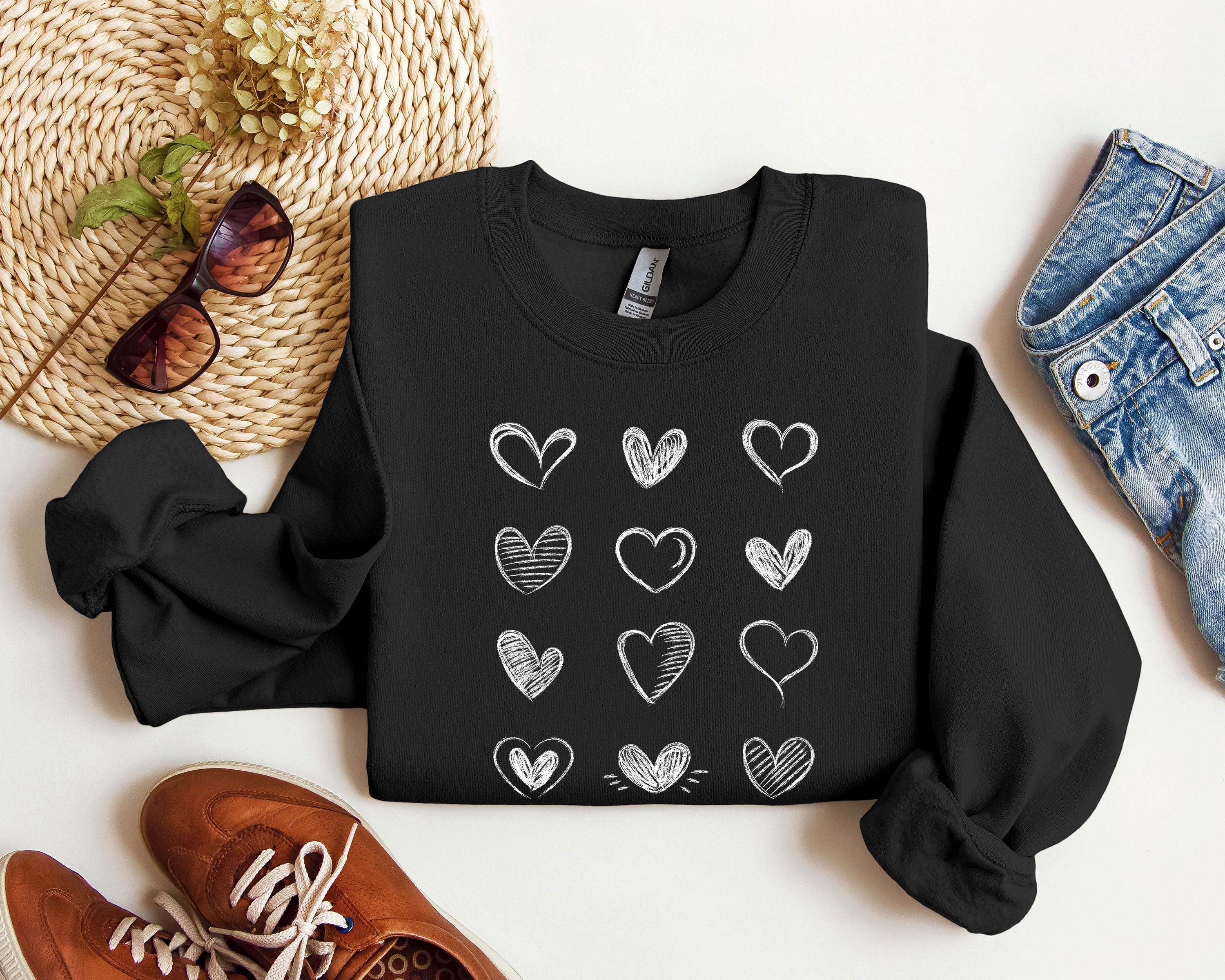 Retro Chic Hearts Vintage Valentine's Day Nostalgic Romance Graphic Print Sweatshirt