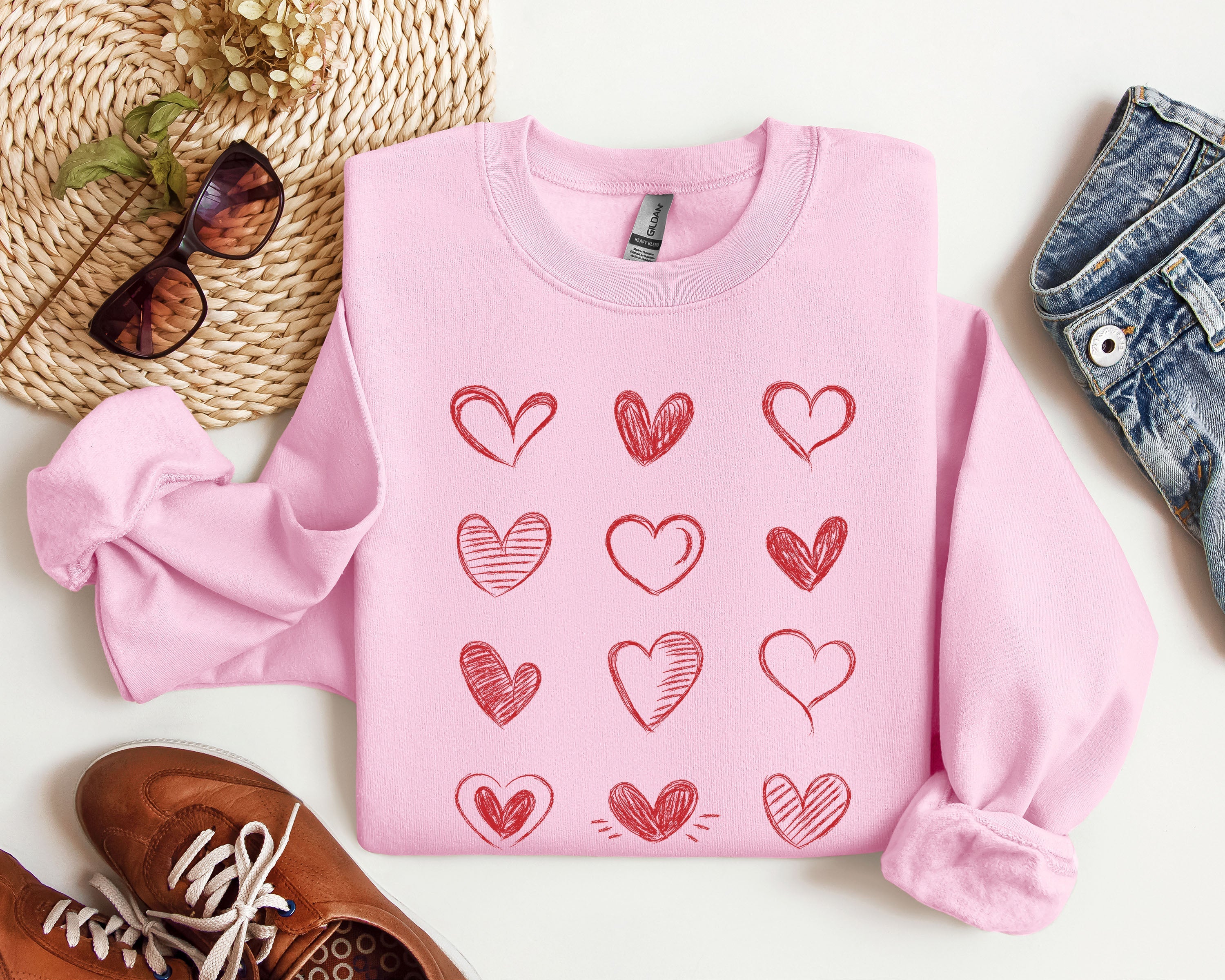 Retro Chic Hearts Vintage Valentine's Day Nostalgic Romance Graphic Print Sweatshirt