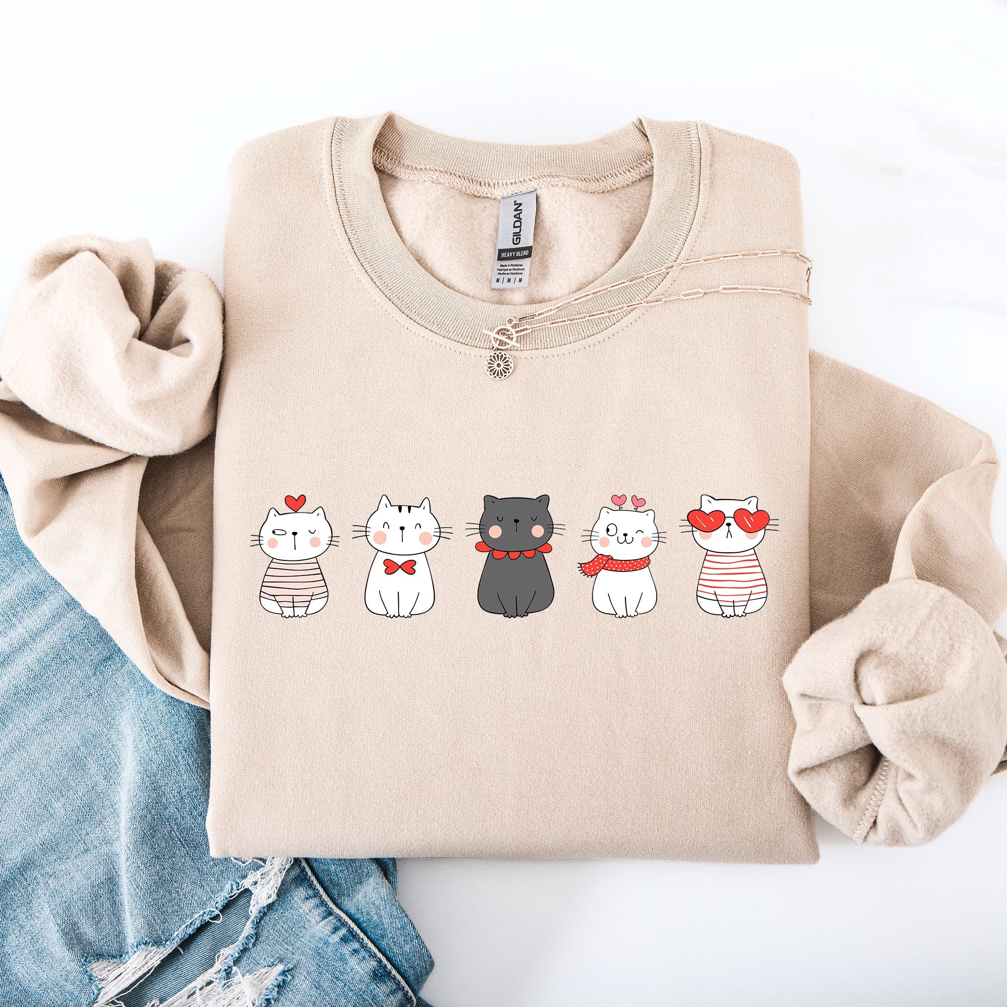Valentine's Cat Cute Kawaii Love Heart Illustration With Cozy Fleece Theme For Lovers Sweatshirt