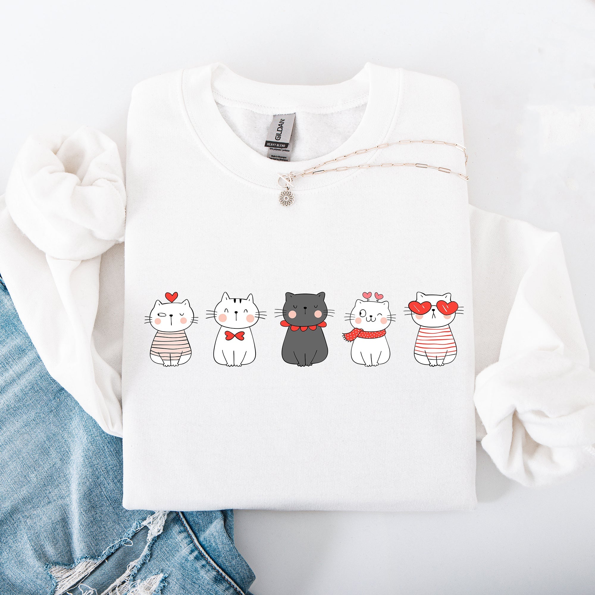 Valentine's Cat Cute Kawaii Love Heart Illustration With Cozy Fleece Theme For Lovers Sweatshirt