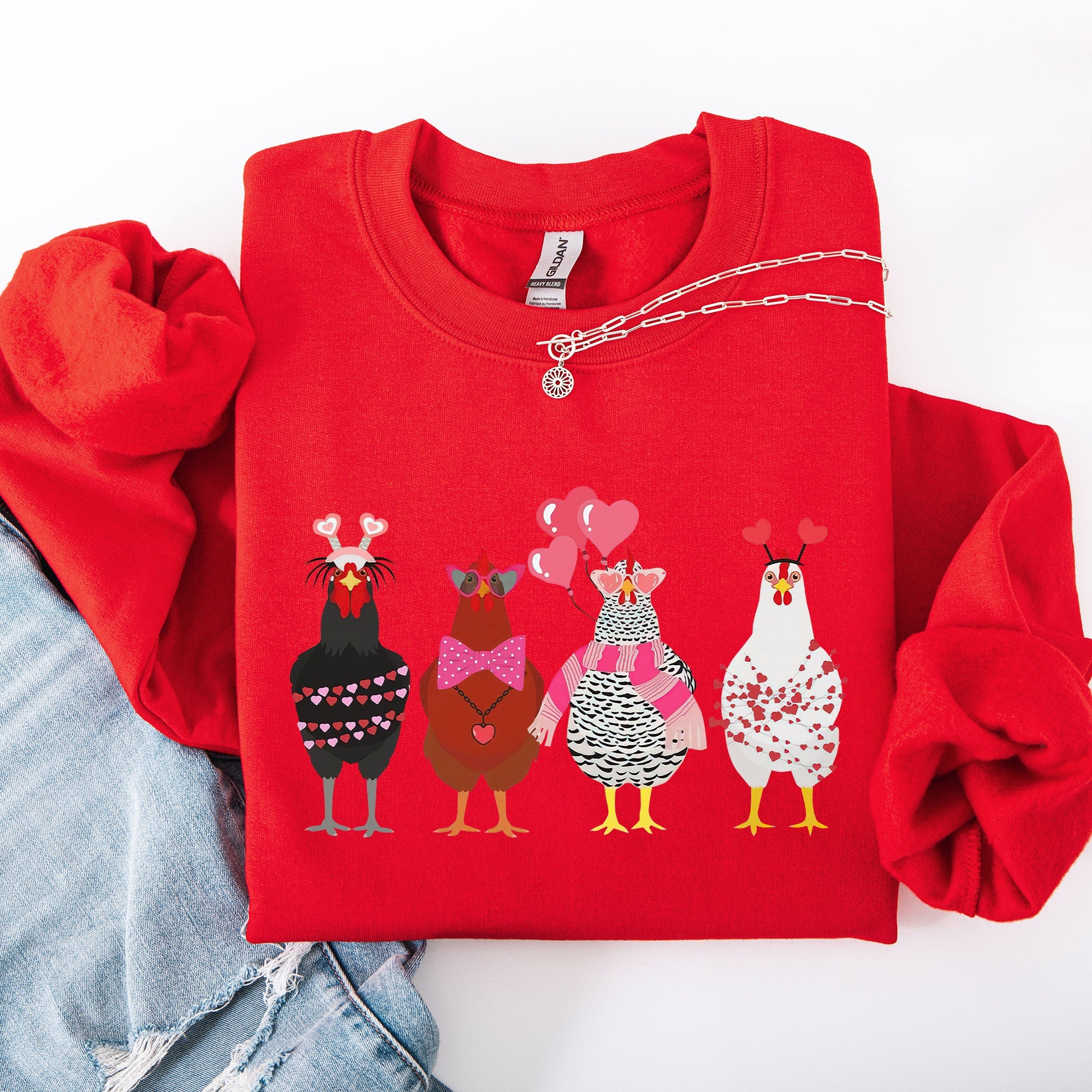 Valentine's Chickens Love Hearts Whimsical Farmhouse Cozy Design For Farm Lovers Sweatshirt