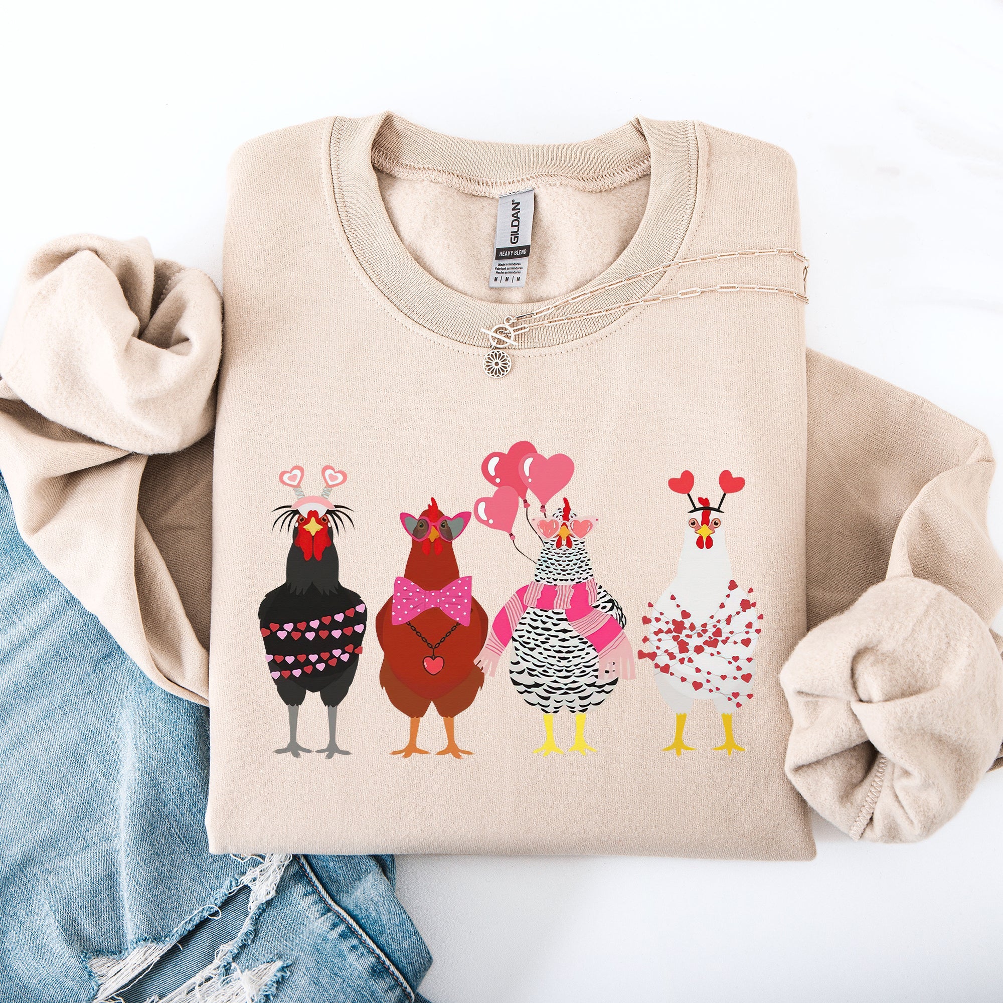 Valentine's Chickens Love Hearts Whimsical Farmhouse Cozy Design For Farm Lovers Sweatshirt