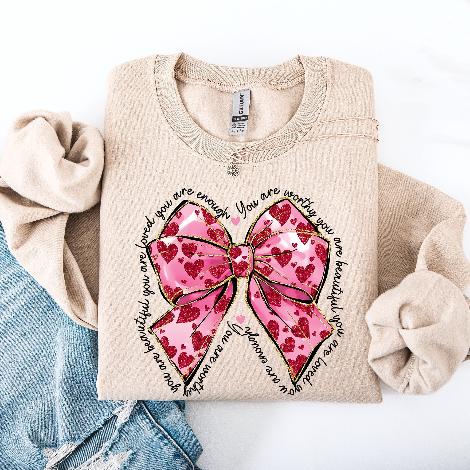 Valentine's Day Affirmations Loved Enough Worthy Positivity Ribbon Love Heart Sweatshirt