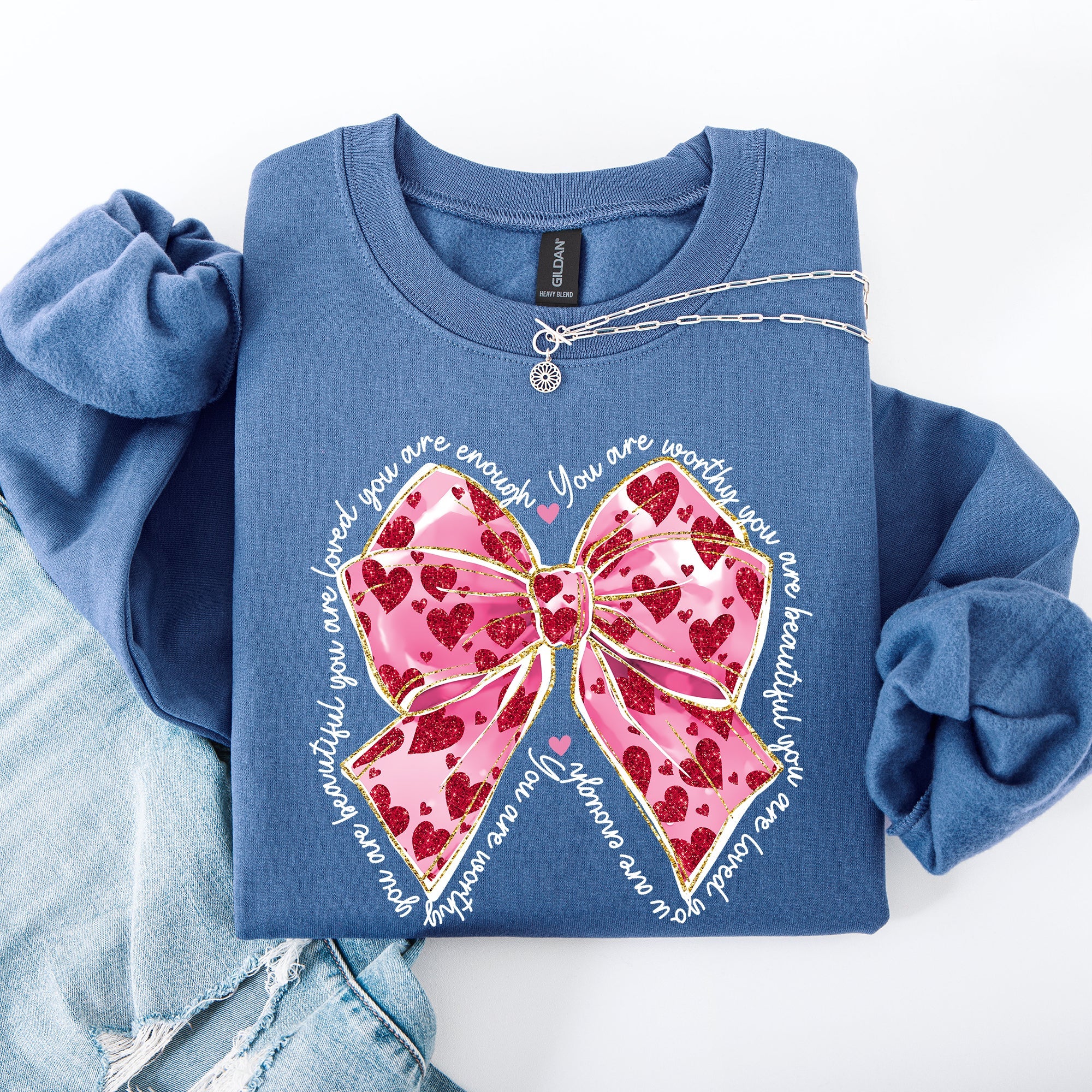 Valentine's Day Affirmations Loved Enough Worthy Positivity Ribbon Love Heart Sweatshirt