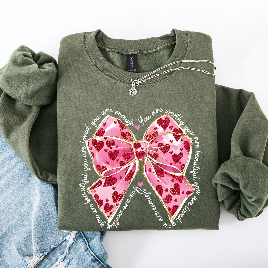 Valentine's Day Affirmations Loved Enough Worthy Positivity Ribbon Love Heart Sweatshirt