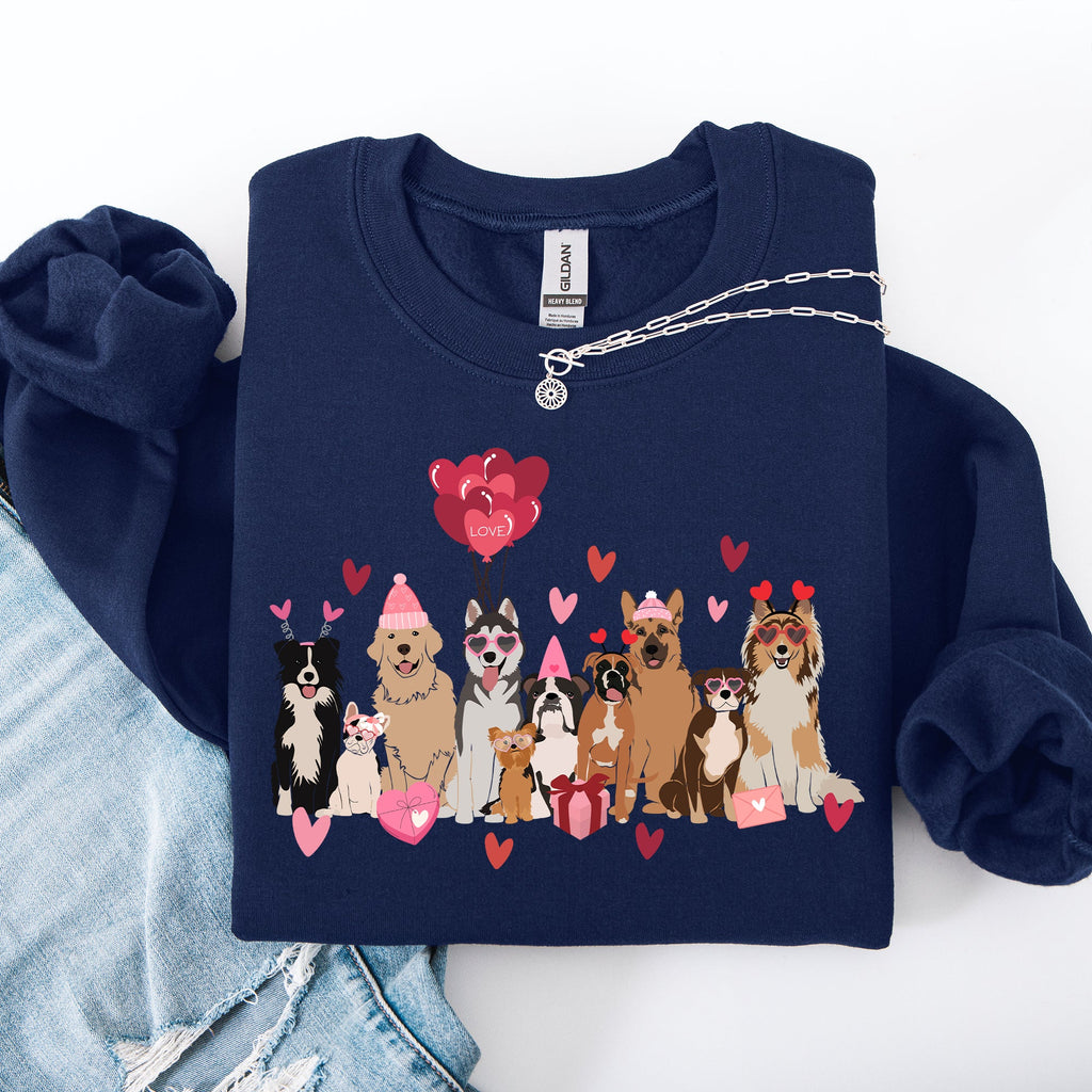 Valentine's Dogs Balloons Hearts Paw Prints Animal Lover Theme Cozy Cartoon Style Sweatshirt