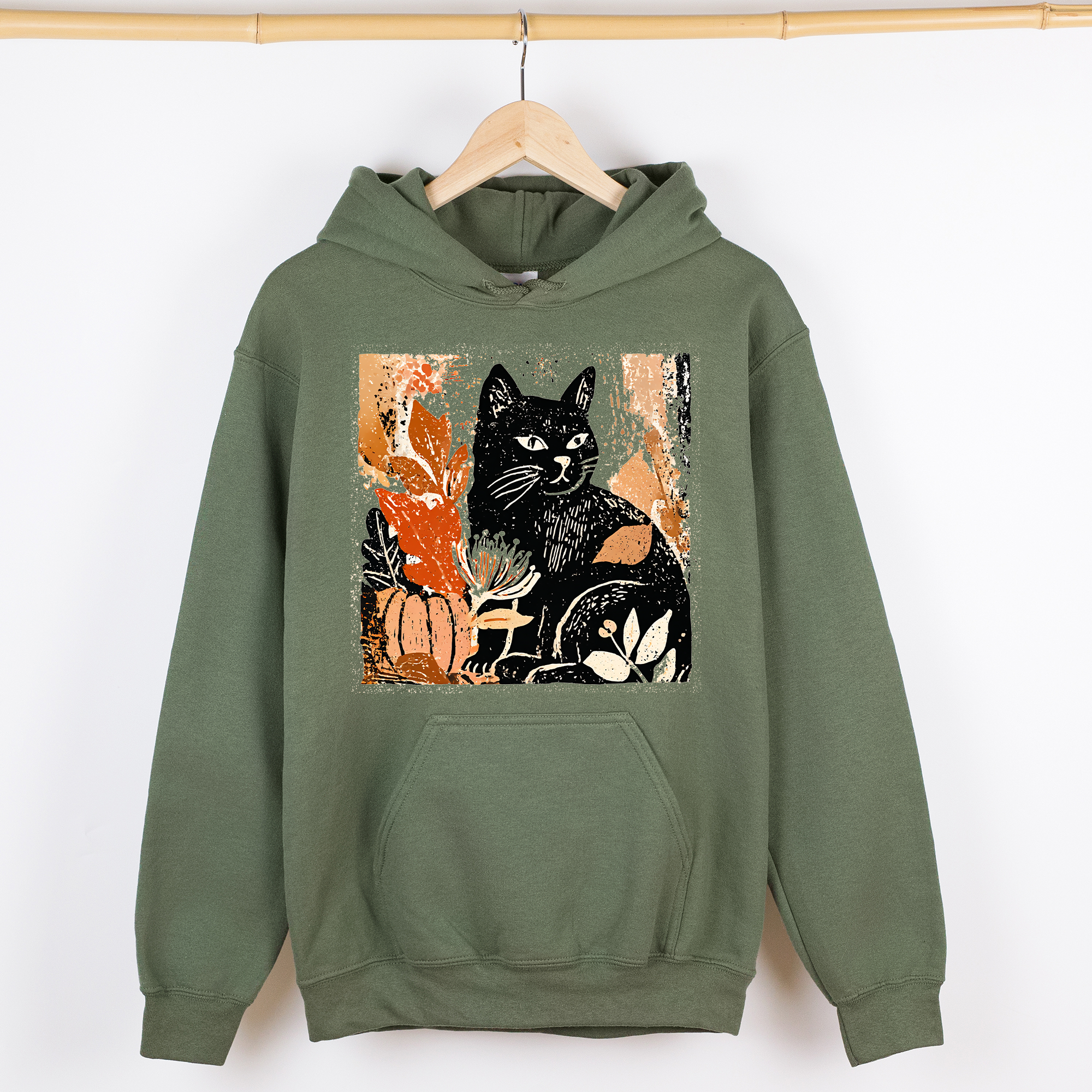 Vintage Black Cat Halloween Pumpkin Motif Retro Style Spooky Feline Night Scene Artwork Graphic Hoodie