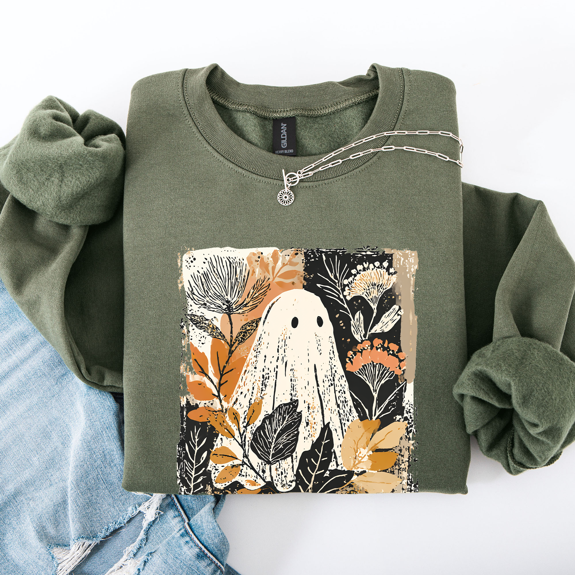 Vintage Ghost Halloween Botanical Floral Autumn Fall Cozy Night Spirit Sweatshirt