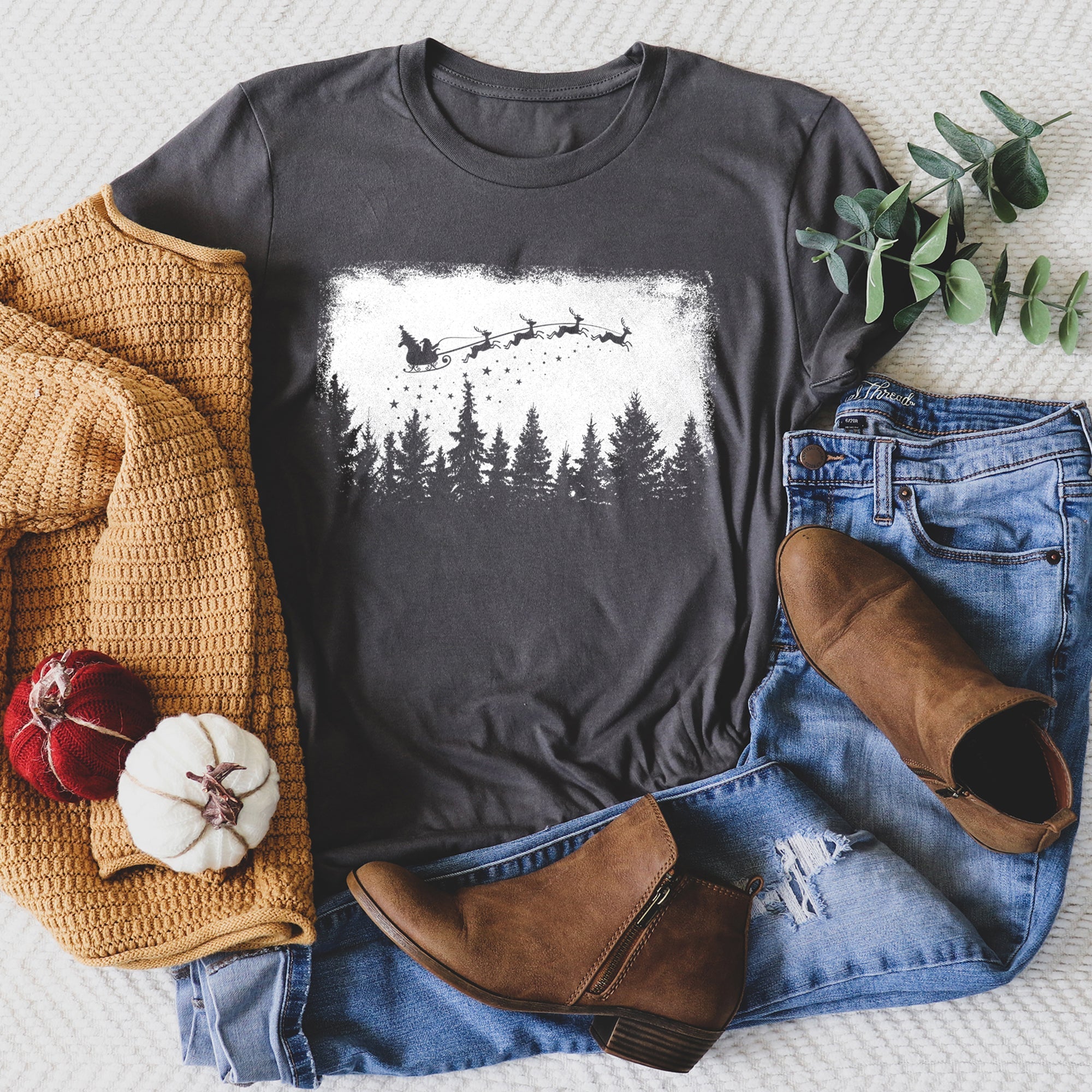 Vintage Pine Tree Christmas Silhouette Santa Reindeer Sleigh Holiday Graphic Tee
