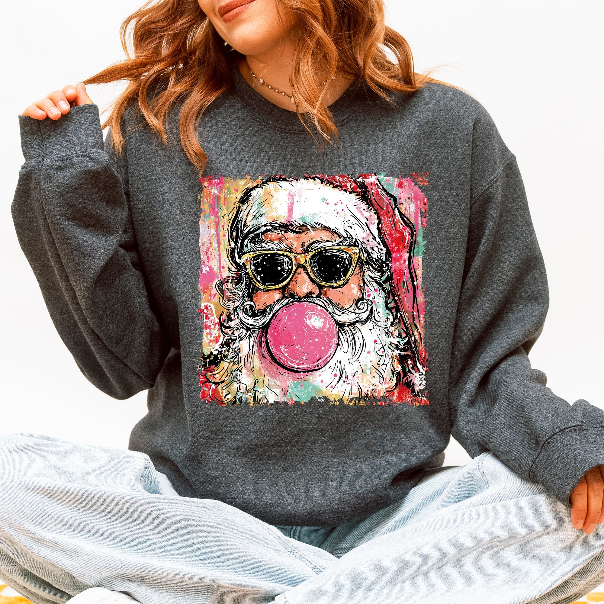 Vintage Santa Sketched Christmas Bubble Gum Illustration Retro Cozy Festive Seasonal Sweatshirt