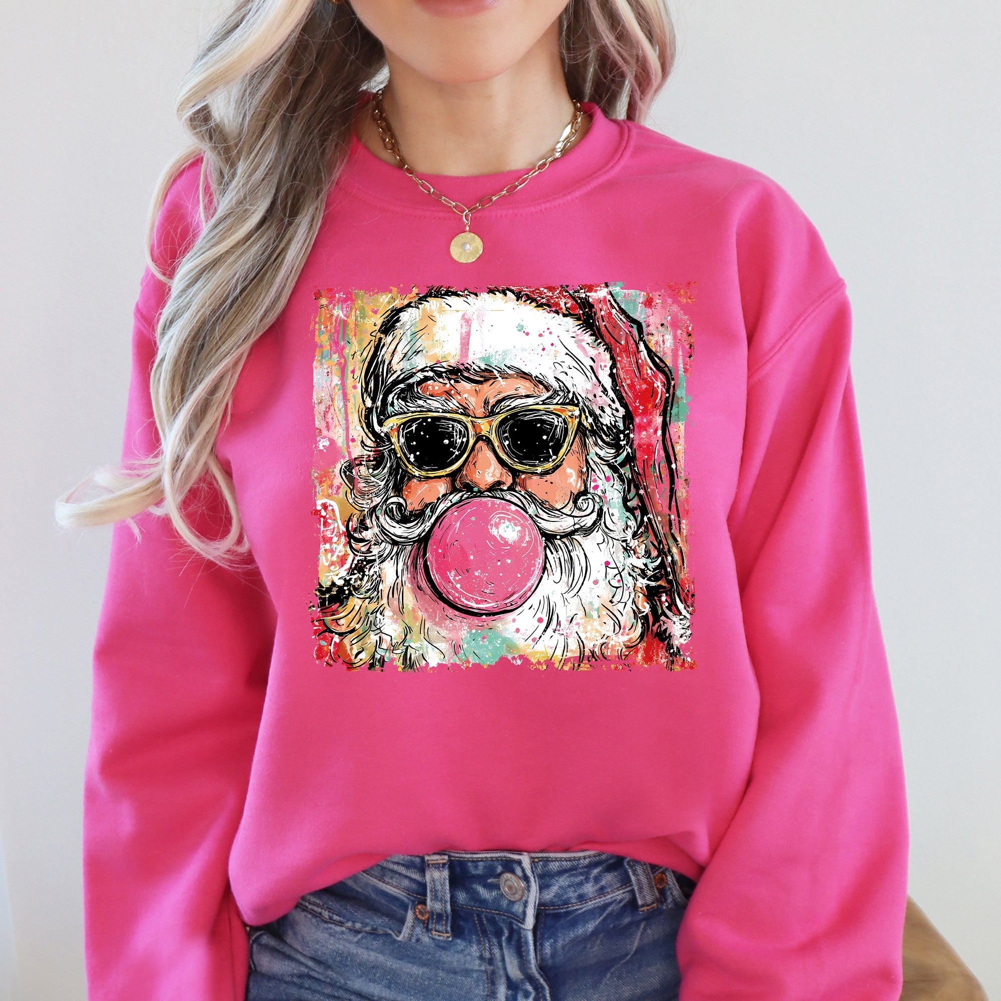Vintage Santa Sketched Christmas Bubble Gum Illustration Retro Cozy Festive Seasonal Sweatshirt