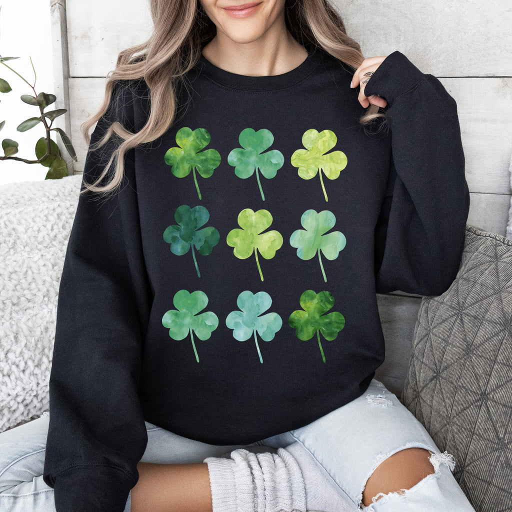 Watercolor Shamrocks In Rows St Patrick's Day Theme Artwork For Festive Gatherings Soft Cotton Blend Sweatshirt